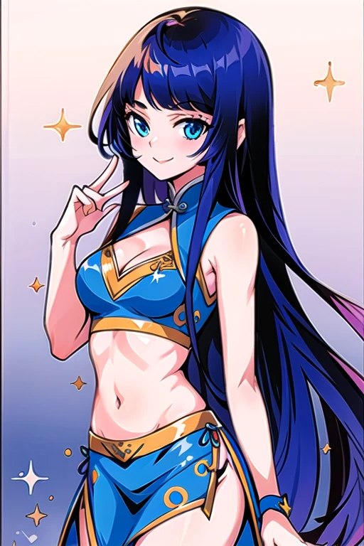 masterpiece, best quality, highres,cowboy shot,xiao_xun'er,small-medium breast,chinese dress,crop top, cleavage,side slit dress,dark blue hair,blue eyes,long hair,smilling,looking at viewer,random pose,  <lora:Xiao_xuner_manga:1>