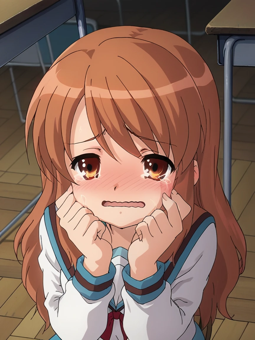 score_9, score_8_up, score_7_up, source_anime, girl, Mikuru, brown eyes, ginger hair color, long hair, big breasts, shy, blush, sailor uniform, <lora:Mikuru_Asahina_SDXL:1>, sitting, wavy mouth, tears up, tears, embarrassed, red face from blush, hands on cheeks, background classroom, from above, masterpiece, 4k, best quality