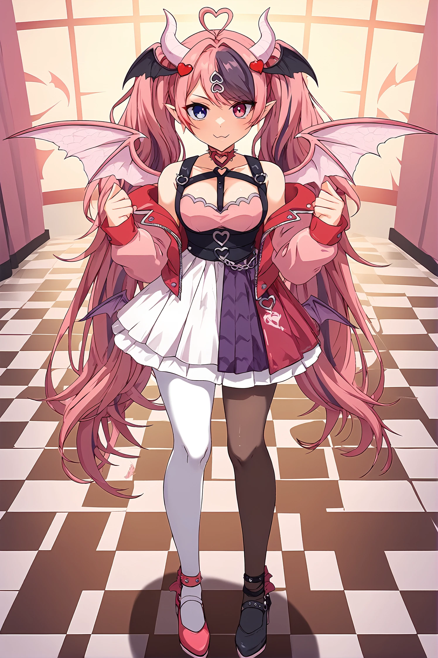 score_9,
<lora:ironmouse_v1_pruned:1>, ironmouse, 
spiked pink choker, heart ring, cleavage, dress, pink top, purple skirt, white skirt, belt, asymmetrical legwear, black thighhigh, white pantyhose, asymmetrical footwear, black boot, pink heels, red demon butt wings, pink demon wings, black head wings, red heart hair ornament, chest belt, pink jacket, off-shoulder, very long hair, twintails, 
solo, 
indoors, standing, looking at viewer, 
checkered floor,
high resolution, Masterpiece