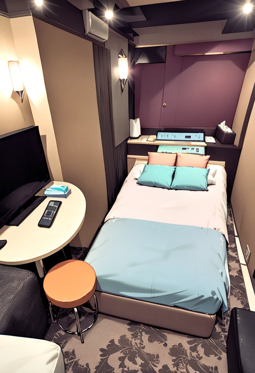 masterpiece, best quality, very aesthetic, absurdres,
lovehotel, LHbedpanel, scenery, bed, indoors, lamp, couch, table, rug, bedroom, television, pillow, phone, tissue box, box, night,
<lora:LOVEHOTEL_SDXL_V4:1>