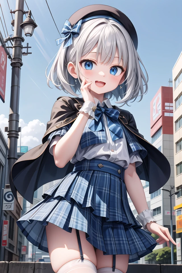 (cleavage:-1.5), insanely detailed, absurdres, ultra-highres, ultra-detailed, best quality,
1girl, solo, nice hands, perfect hands,
BREAK
(gothic drress, Idol costume:1.3), (blue and white theme:1.2), (white blouse:1.4), (white collar, tie:1.3), (open short-cape:1.3), (short sleeve:1.2), (blue tartan-check pattern (ruffle-skirt, multilayer-skirt):1.4), (white basque-beret with ribbon:1.3), (Fishnet stockings:1.3), (glove:1.2), (cleavage:-1.5)
BREAK
happy smile, laugh, open mouth,
standing,own hands together,
cowboy shot,
BREAK
slender, kawaii, perfect symmetrical face, ultra cute girl, ultra cute face, ultra detailed eyes, ultra detailed hair, ultra cute, ultra beautiful,
BREAK
cityscape in tokyo, ultra detailed background, blue sky, bay side, panorama view,
medium breasts, white hair, blue eyes