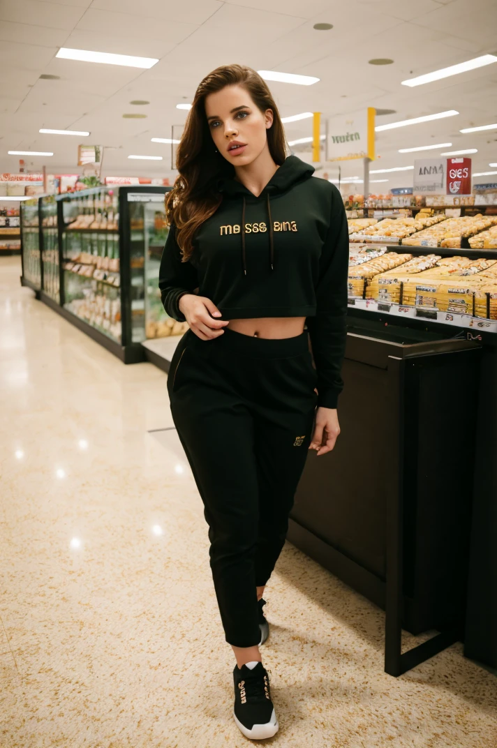 professional photo of tv_Pauline_Jackson_IG, , , bored expression, wearing a hoodie, wearing yoga pants, wearing sneakers, in a supermarket, walking towards the camera, looking down,, 8k resolution, highres, high detail, sharp focus, detailed skin, 8k uhd, bokeh, analog photography