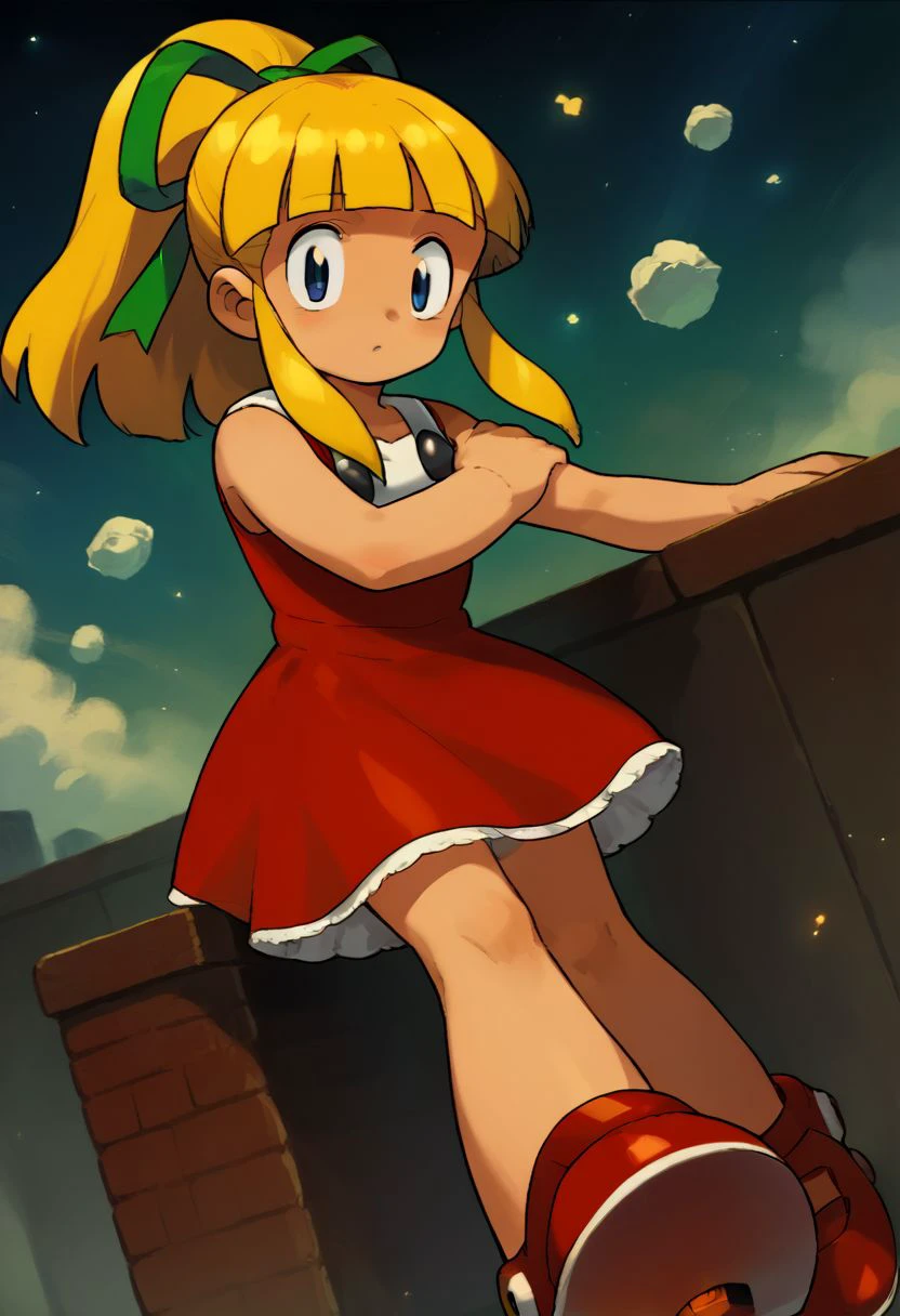 score_9, score_8_up, score_7_up, source_anime,
ishikawa hideki style, Roll (Mega man), long hair, bangs, blue eyes, blonde hair, dress, ribbon, hair ribbon, ponytail, sidelocks, red shoes, sleeveless, blunt bangs, sleeveless dress, red dress, green ribbon, retro