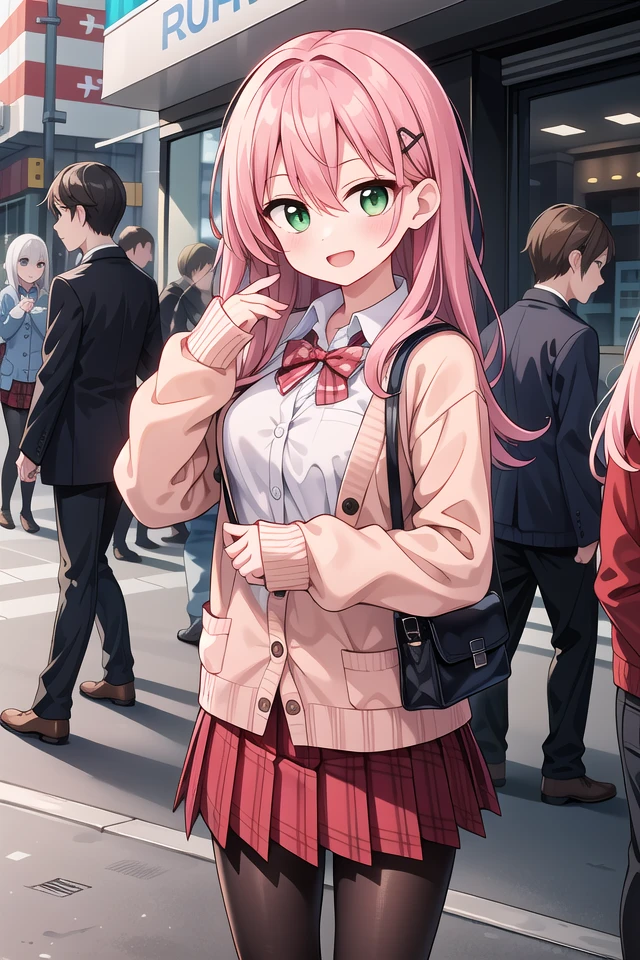 insanely detailed, absurdres, ultra-highres, ultra-detailed, best quality,
1girl, solo, nice hands, perfect hands
BREAK
(School Uniforms:1.2), (pink cardigan is fit body:1.4), ((do up a buttons, not loose):1.5), ((long sleeve, sleeves past wrists):1.2), (inner wear is white collared-shirt:1.3), (red plaid-pattern bow:1.3), (red plaid-pattern pleated skirt:1.3), ((dark-brown pantyhose, loafers):1.2)
, (nsfw:-1.5)
BREAK
happy smile, laugh, open mouth
BREAK
,
standing, cowboy shot, looking at viewer
BREAK
slender, kawaii, perfect symmetrical face, ultra cute girl, ultra cute face, ultra detailed eyes, ultra detailed hair, ultra cute, ultra beautiful
BREAK
shibuya, akihabara, tokyo, street, crowd, cityscape, depth of field, ultra detailed background
BREAK
medium breasts
BREAK
red hair, green eyes, long hair, hair between eyes