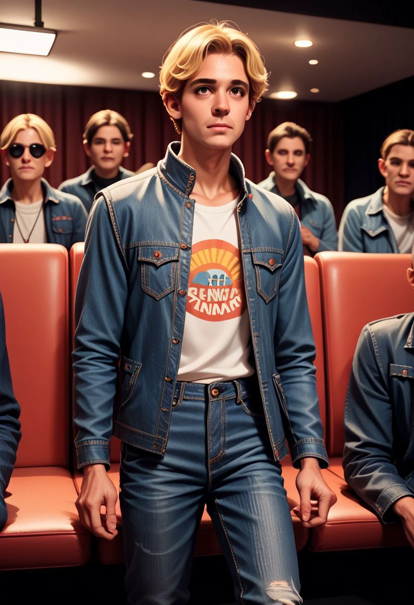 vintage americana, 1boy, male focus, denim jacket, movie theatre(place), seats,  denim pants, solo focus, short hair, brown eyes, blonde hair,  shirt, PonyXLV6_Scores zPDXL