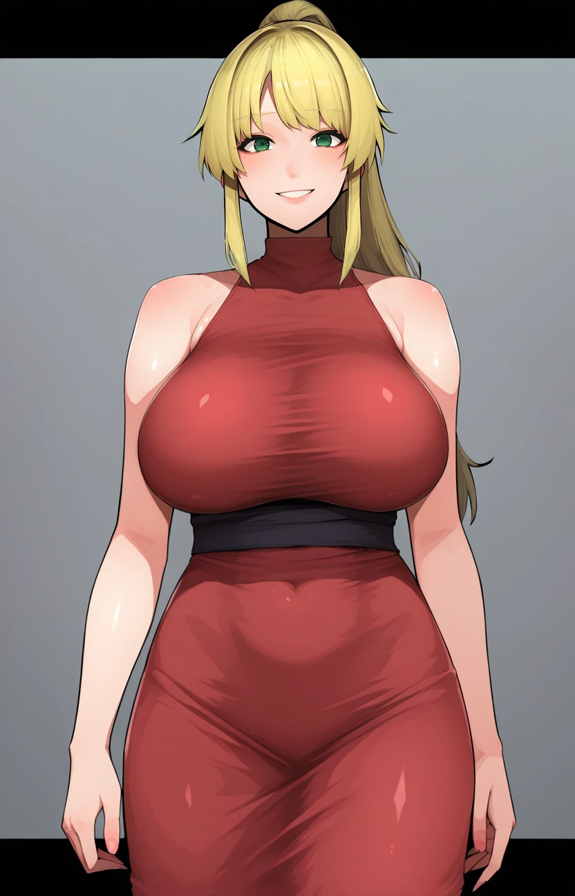 <lora:starrasins_style_v1_wasabiya:1>,score_7_up,anime,ststyle,1girl,solo,dress,long hair,ponytail,smile,green eyes,huge breasts,