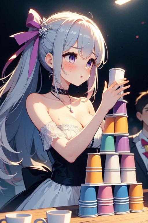 (((masterpiece))), (((best quality))), (((cup stacking))), hands up, holding, table, bare shoulder, strapless, necklace, light purple lace dress, floating hair, hair ornament, ribbon, choker, sweat, parted lips, venue, night, countless crowd, cinematic light, solo, 1girl, black updo, ribbon, cleavage, big tits, sweat, shy, blush, slim figure, <lora:girllikecupstacking:0.8>