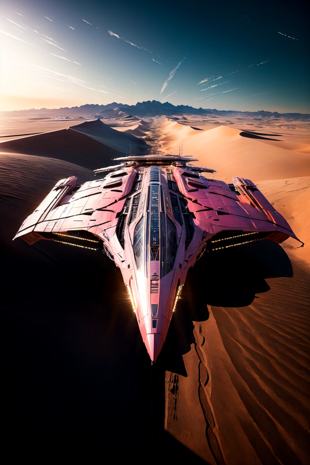 masterpiece, photorealistic highly detailed 8k raw photography, Extreme close-up, Advanced Highlighter Pink zzspczz flying above Desert Sand Dunes at Sunrise, cinematic special effects <lora:spacecraft v4.1:1>