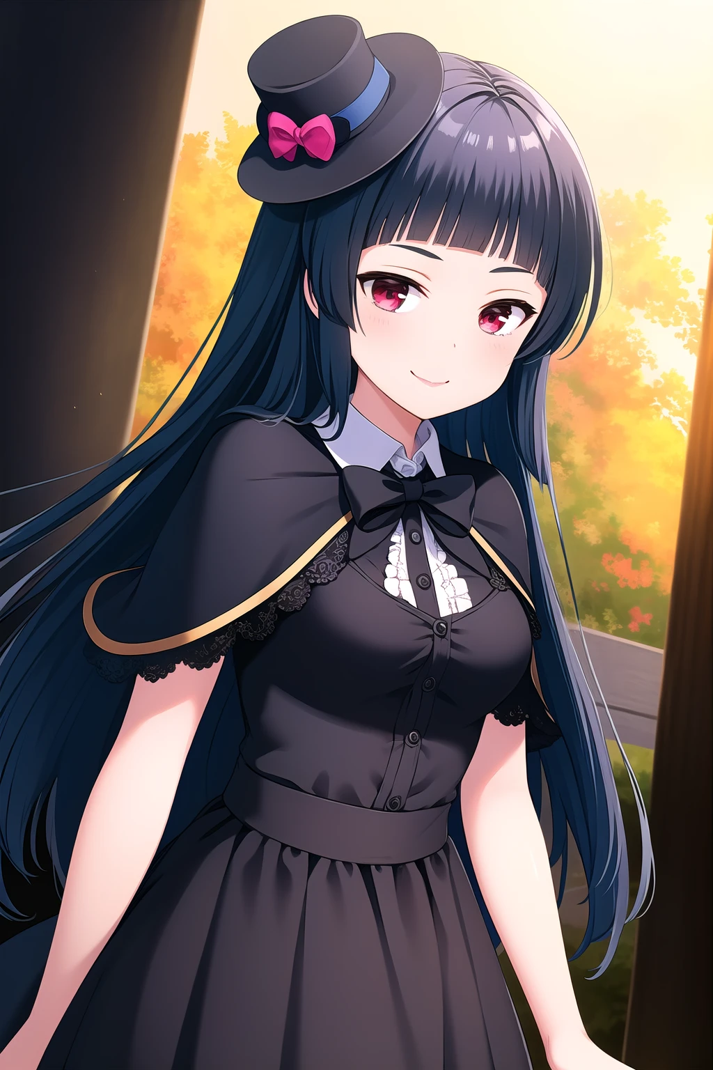 (masterpiece, best quality), highly detailed background, perfect lightingbest quality, kurokawanagiko, solo, outdoors, dark blue hair, blunt bangs, very long hair, red eyes, medium breasts, mini top hat, black headwear, black dress, frilled dress, black bowtie, capelet, lace trim, smile, closed mouth, :), pink lips, <lora:Kurokawa-Nagiko:0.7>