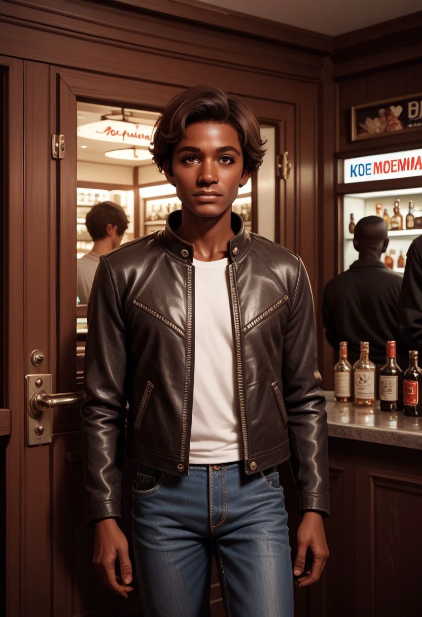 vintage americana, 1boy, male focus, leather jacket, bar (place), television,  denim pants, portrait, reflection, short hair, brown eyes, dark skin, dark skinned male, brown hair,  door, shirt, PonyXLV6_Scores zPDXL