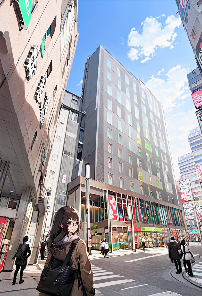 1girl, solo, glasses, black hair, long hair, duffle coat, black bag, smile, looking at viewer, solo focus,
HOTELMETS, EAST, storefront, scenery, outdoors, sky, building, cloud, city, road, street, day, lamppost, sign, cityscape, power lines, vending machine, real world location, blue sky, utility pole, crosswalk, road sign
best quality,  highres, extreme detailed
 <lora:akihabara_denkigaiguchi_minamiguchi_SDXL_V1:1>