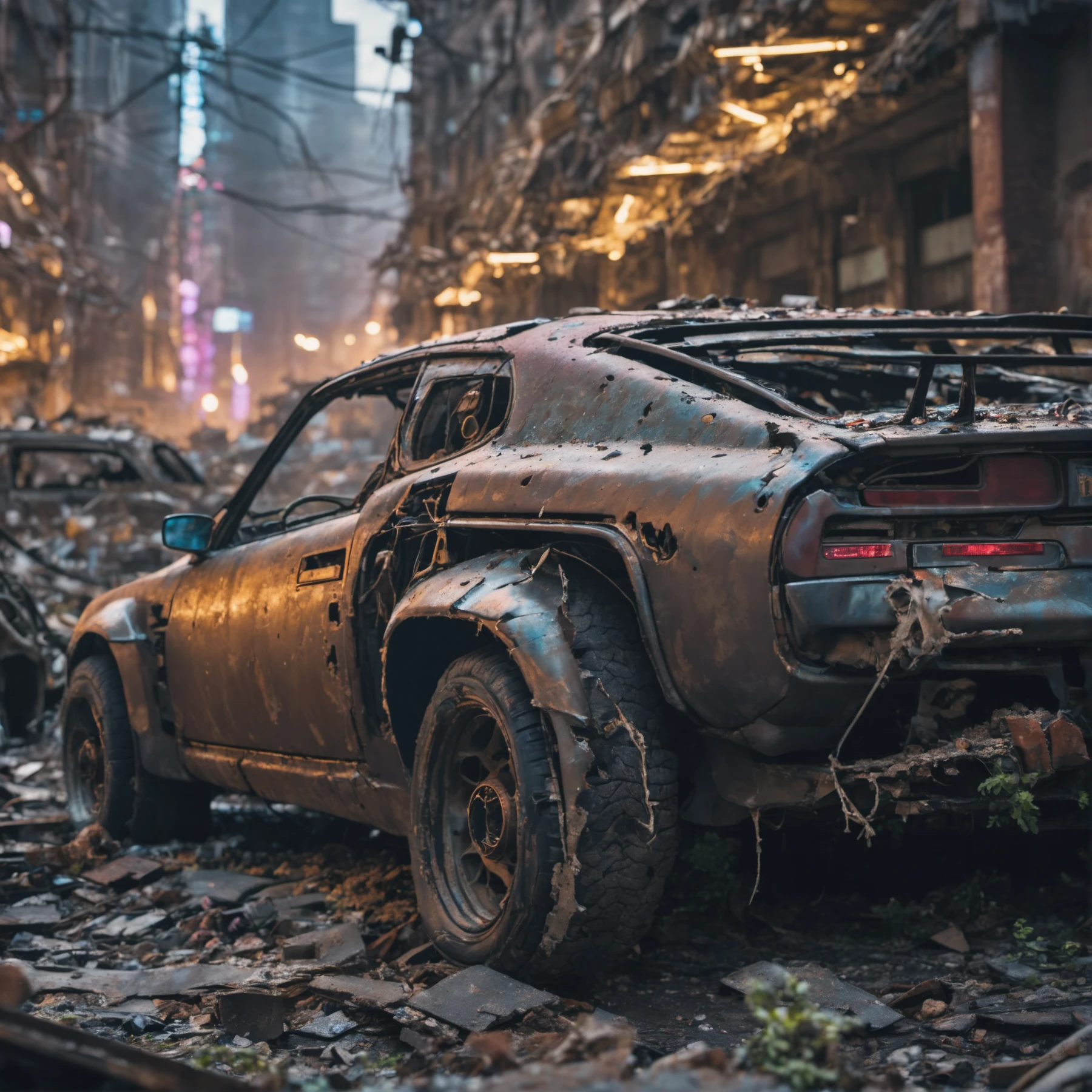 Closeup Photo of a cyberpunk car, in a destroyed city after a nuclear blast, post apocalyptic, high quality photography, 3 point lighting, flash with softbox, 4k, Canon EOS R3, hdr, smooth, sharp focus, high resolution, award winning photo, 80mm, f2.8, bokeh