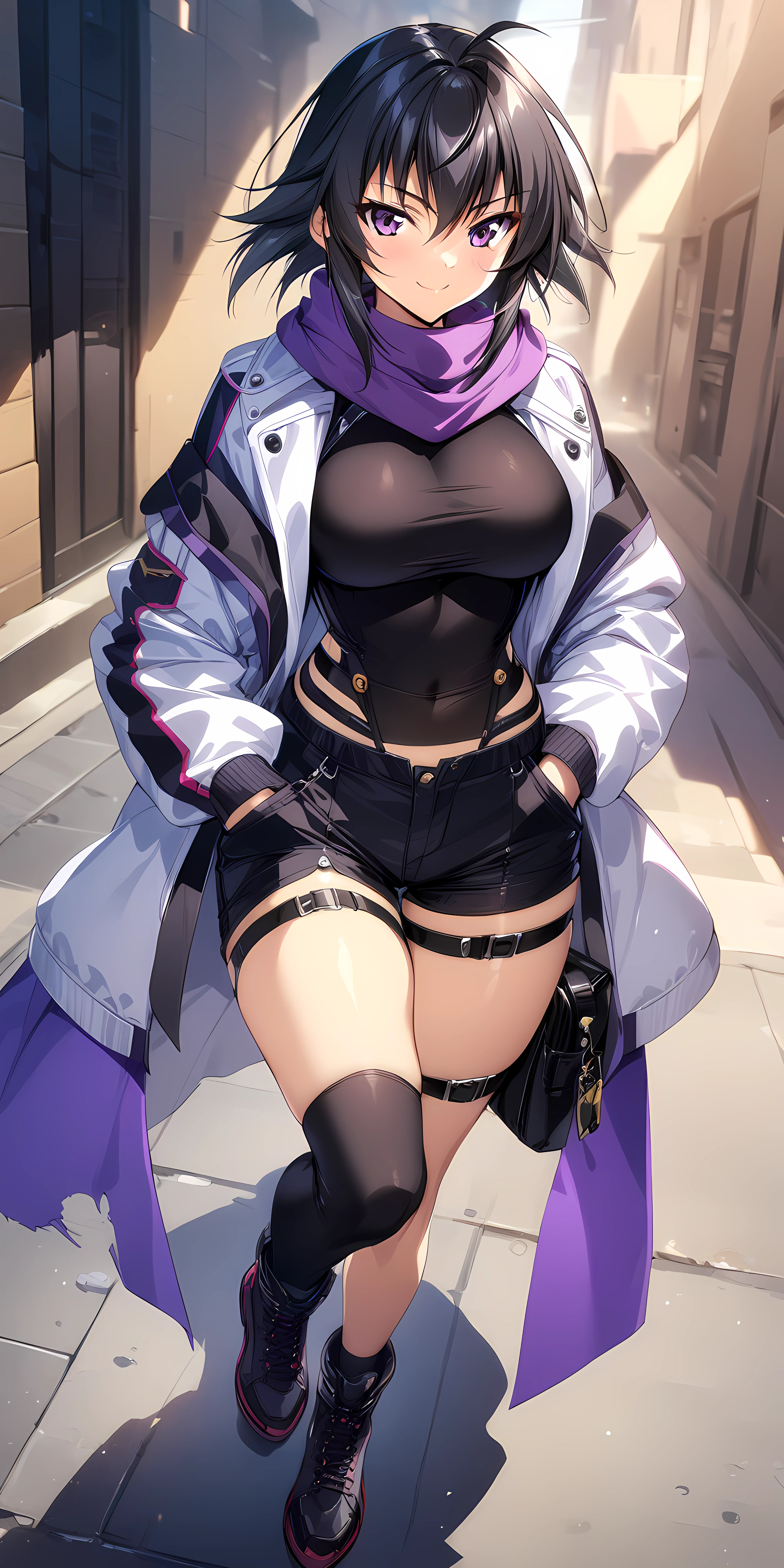 (masterpiece),(best quality),(ultra-detailed),(best illustration),(best shadow),(absurdres),(detailed background),(very aesthetic),  akitsuki_karasu artstyle, ayamine kei, dimensionoutfit, 1girl, solo, shorts, purple eyes, scarf, jacket, hand in pocket, purple scarf, white jacket, black outfit, one leg thighhigh, short hair, torn clothes, thigh strap, shoes, large breasts, smile, <lora:Ayamine_Keiå½©å³°_æ§_-_Muv_Luv_Alternativeããã©ã´ãªã«ã¿ãã¤ãã£ã_SDXL_Animagine_XL_3.1:1>