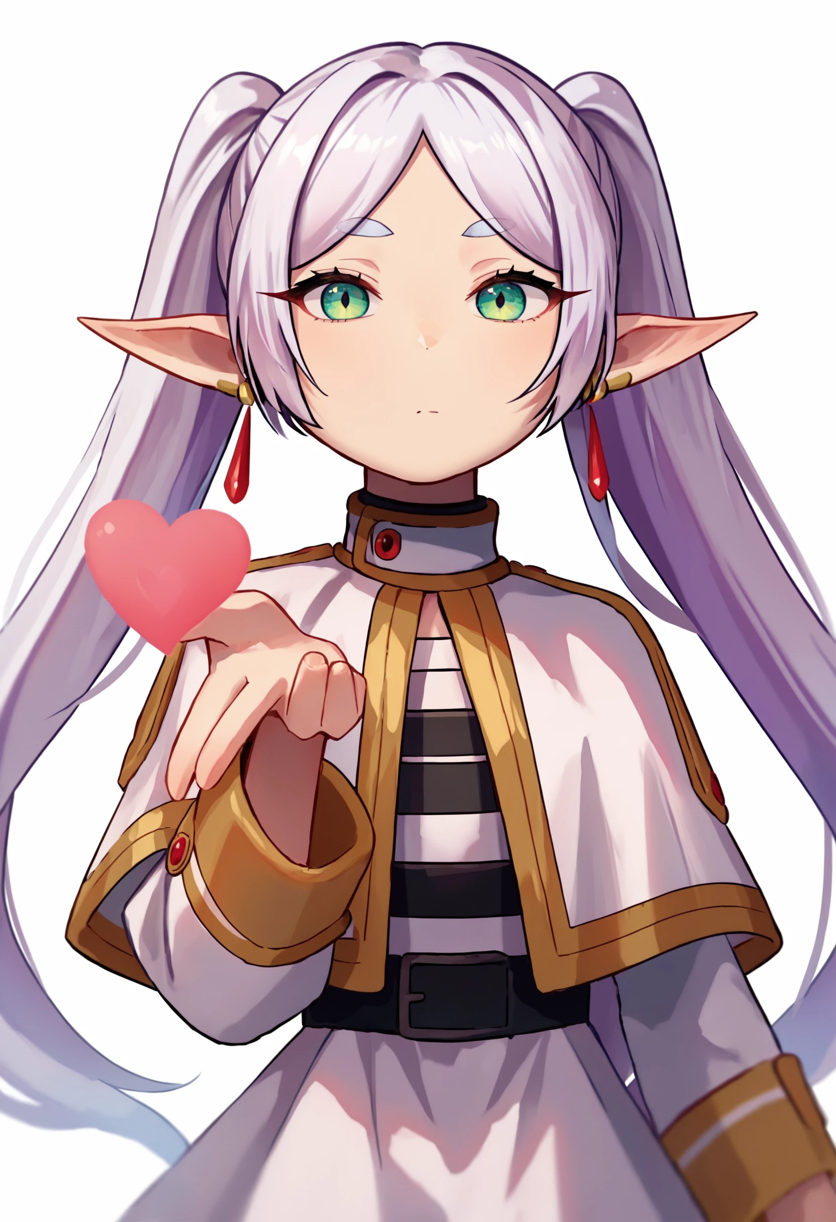 score_9_up score_8_up score_7_up, 1girl, blowing kiss, heart, o3o, :3
BREAK
nereirfpnxl, frieren, 1girl, solo, pointy ears, twintails, very long hair, earrings, holding, jewelry, white background, capelet, elf, dress, simple background, white capelet, long sleeves, white dress, closed mouth, parted bangs, white hair, upper body
<lora:frieren_blowing_a_kiss_pony:1>
<lora:others_frieren_nereirfpnxl_pony_v2:1>