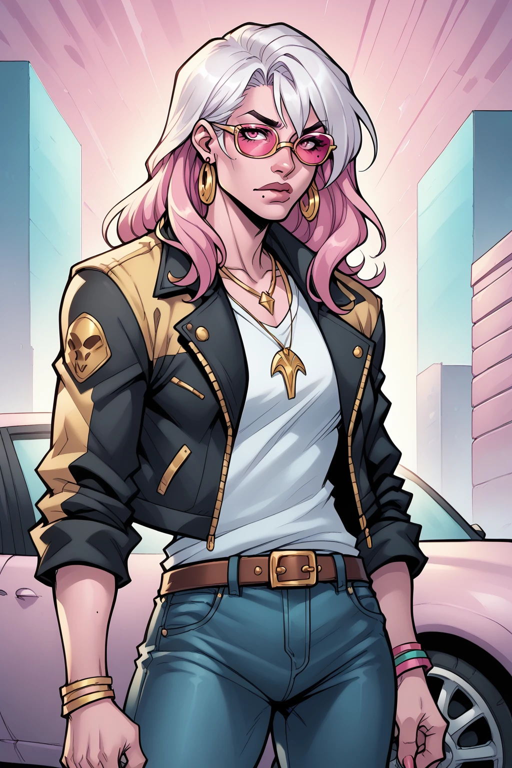 PonyXLV6_Scores , PnyCmicXLPOS, jemdzridpxl, 1girl, solo, pink skin, long hair, tinted eyewear, necklace, 80s aesthetic, Synthwave, motor vehicle, jewelry, ground vehicle, mole, jacket, mole under mouth, sunglasses, pink hair, cowboy shot, pink-tinted eyewear, belt, pants, jacket on shoulders, bangs, white hair, car, shirt, colored skin, pink, <lora:JoeMadPDXL:1>