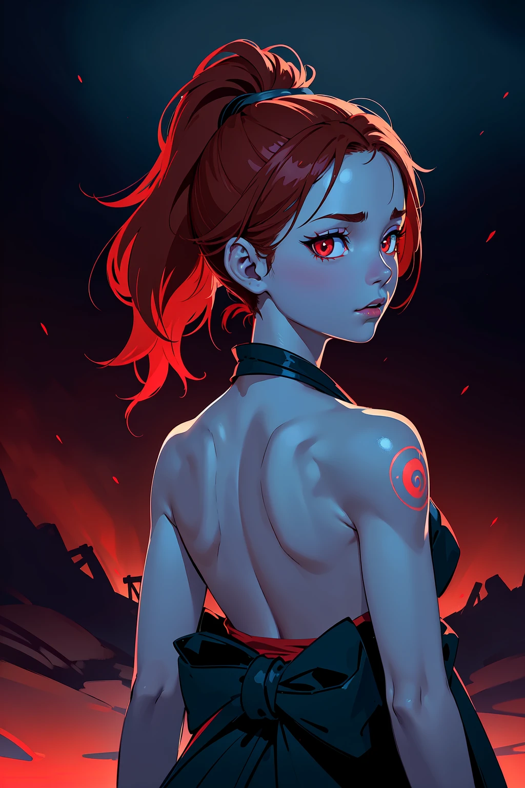 ((dark lighting, red light glow, glowing contours of body, low light conditions, darkness, dramatic scene Octane Render made by Studio Ghibli, blue glow, triadic colors, ominous, dark theme))
(1girl, yakuza tattoo on back, high ponytail, looking back at viewer, brown eyes), (kimono around her waist), luminescent moon in the sky,