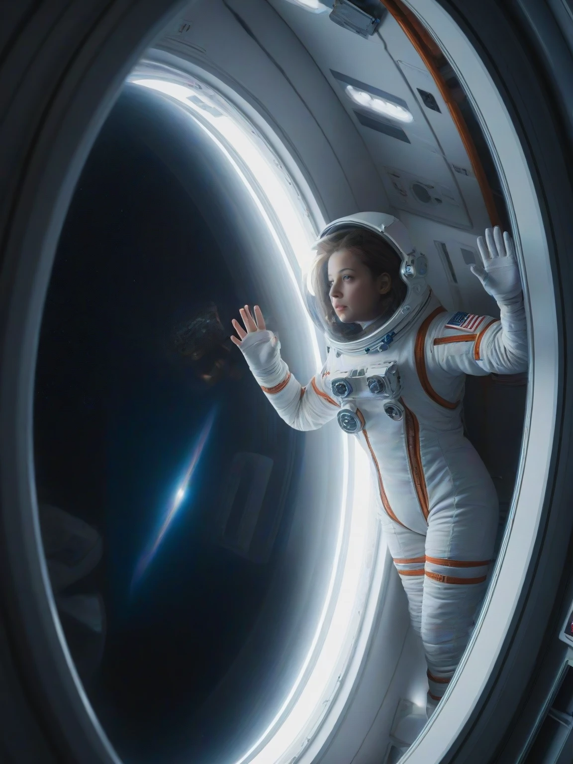 <lora:JJsScifiStyle_XL:.4>, ((Scifi Style)), ((masterpiece)), ((best quality)), scenery, real world location, realistic, high detailed, reflection, dramatic lighting,  (indoor) , 1girl,  space suit,  window,outspace, star,  monitor, screen,curvy, ((zero gravity)), cooridor, weightless flight, space station,