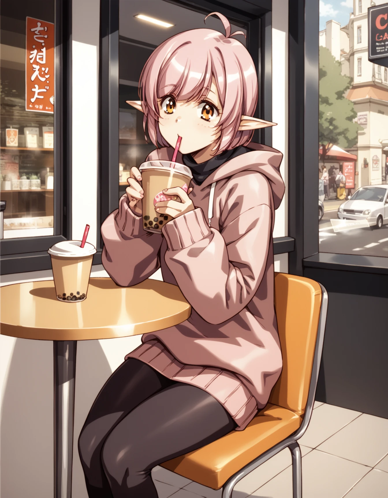 score_9,  score_8_up, score_7_up <lora:tippi-ponyxl-000025:1> tippi, pointy ears, sweater, leggings,
1girl, cafe, bubble tea