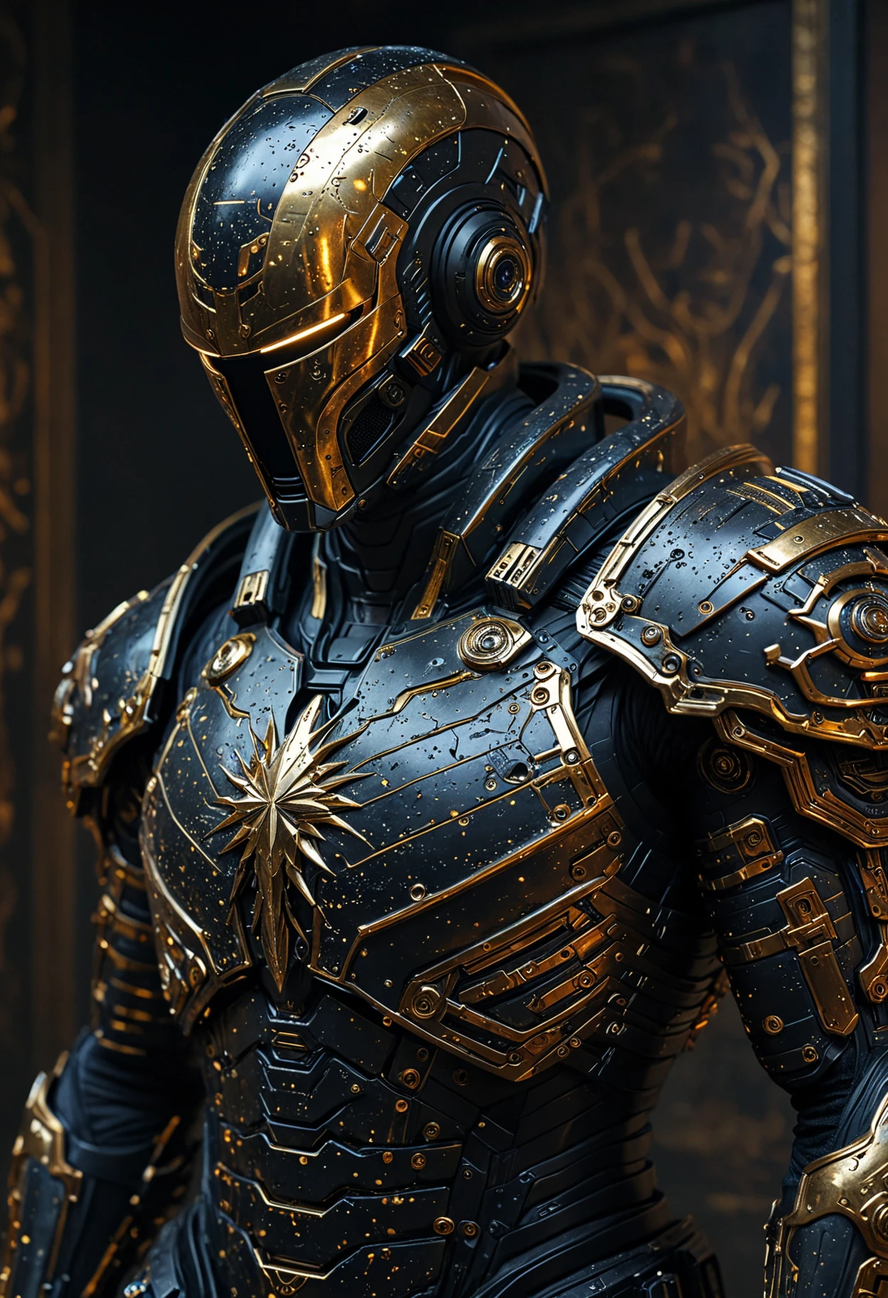 texture the image portrays a meticulously crafted painting of a futuristic soldier, standing in a dimly lit room. the soldier is adorned in intricate armor made of black metal, with gold accents and wiring visible beneath the surface. his helmet, which appears to be a part of his suit, covers his face completely, giving him an imposing presence. a large gun rests on his shoulder, ready for action. the stark contrast between the dark suit and the gold accents adds depth to the painting, making it visually appealing while also hinting at the complexity of the soldier's equipment. top down close up, energy, molecular, textures, iridescent and luminescent scales, breathtaking beauty, pure perfection, divine presence, unforgettable, impressive, breathtaking beauty, Volumetric light, auras, rays, vivid colors reflects, cinematic shot, crispy clear, sharp focus