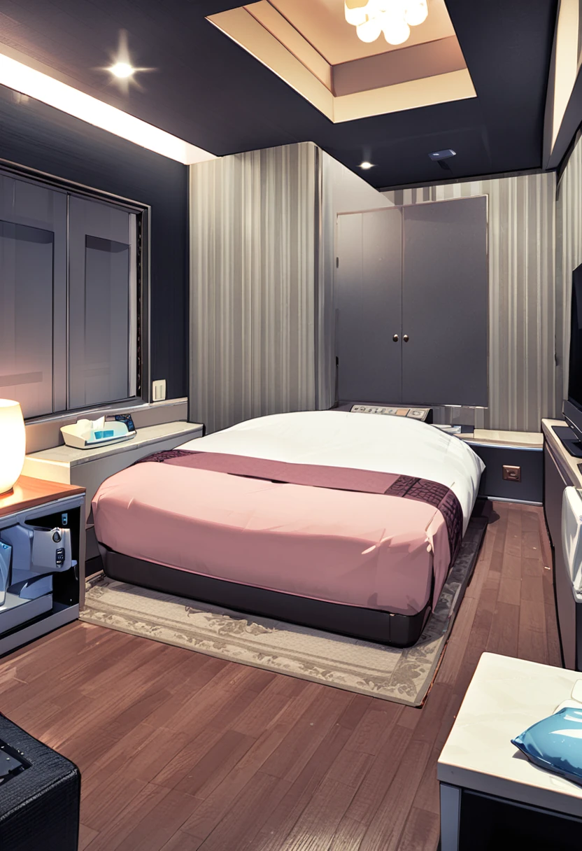 masterpiece, best quality, very aesthetic, absurdres,
lovehotel, LHbedpanel, scenery, bed, indoors, lamp, couch, table, rug, bedroom, television, pillow, phone, tissue box, box, night,
<lora:LOVEHOTEL_SDXL_V4:1>