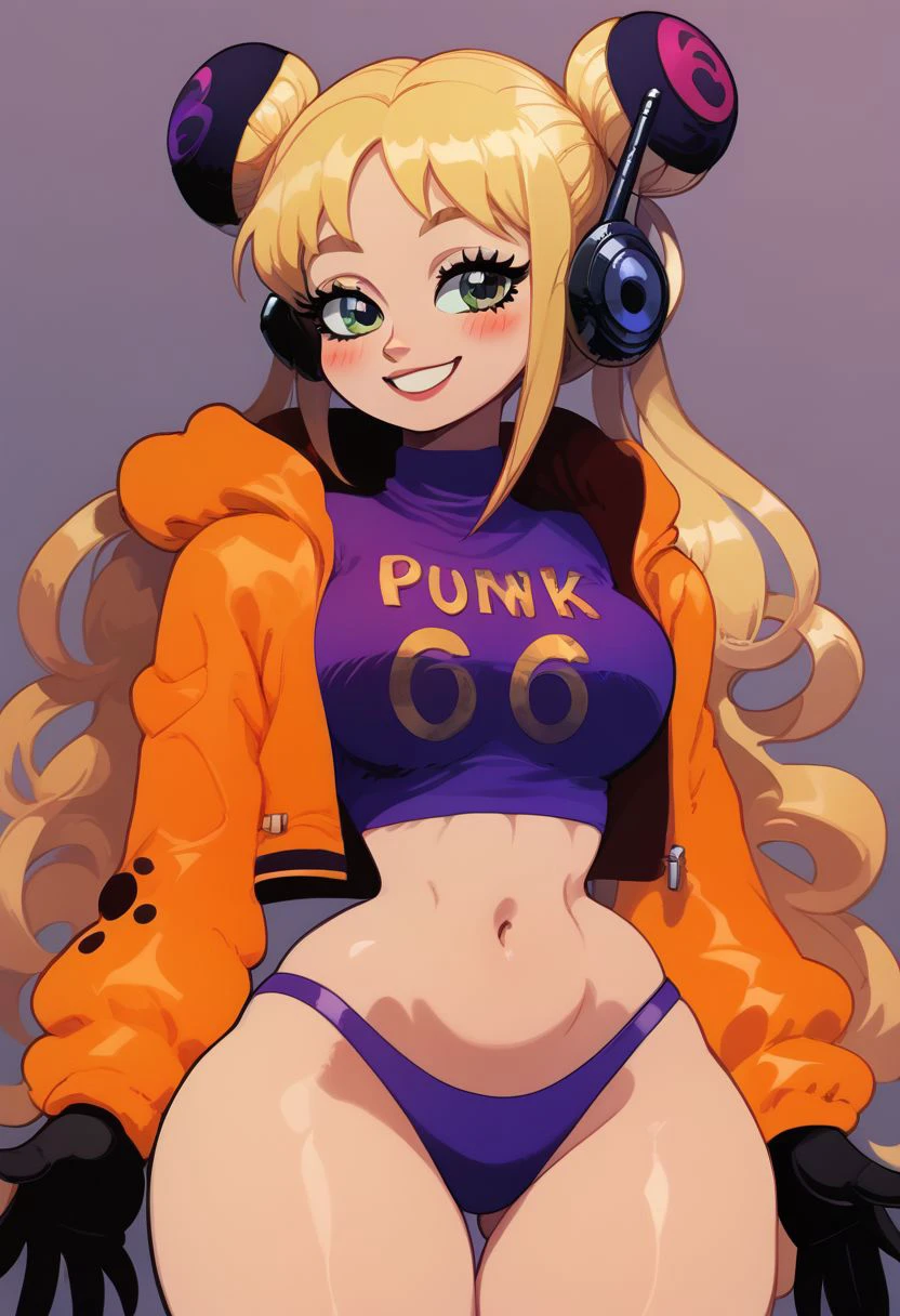 score_9, score_8_up, score_8, medium breasts, (curvy), zzvegapunkyork, Vegapunk_York, solo, 1girl, long hair, double bun, hair bun, blonde hair, orange jacket, purple crop top, purple bikini, green eyes, headphones, black gloves, solo, cowboy shot, looking at viewer, smile, blush,