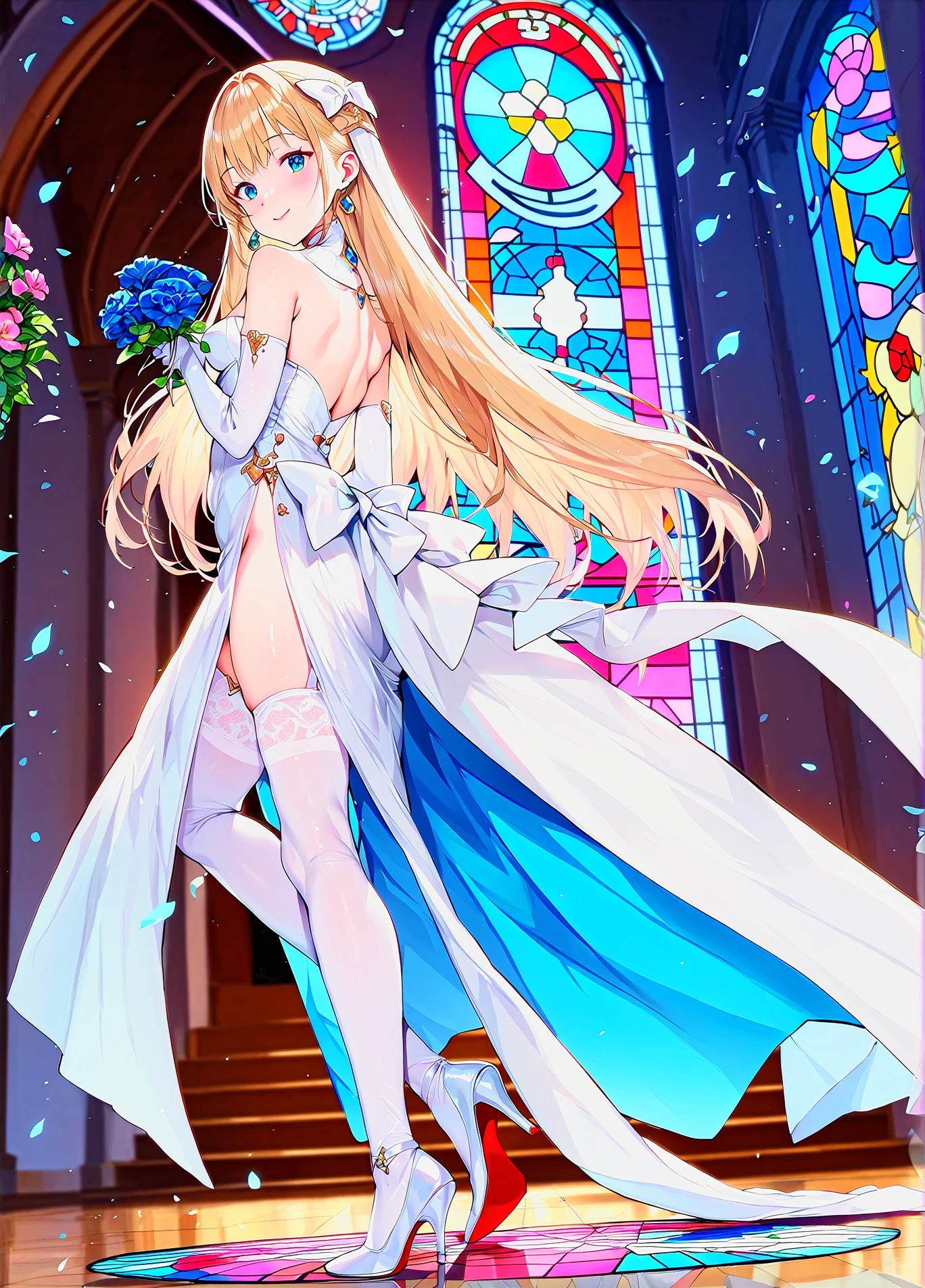 score_9, score_8_up, score_7_up, score_6_up, a girl in a church, long dress, bridal dess, smile, jewelry, stained glass, reflective floor, dutch angle, holding flowers, from side, coloured beam of light, looking at viewer, elbow gloves, bridal thighhighs, makeup, prisma, high heels, stepped on,
<lora:ponsuke_style_pony6_v1-000022:1>