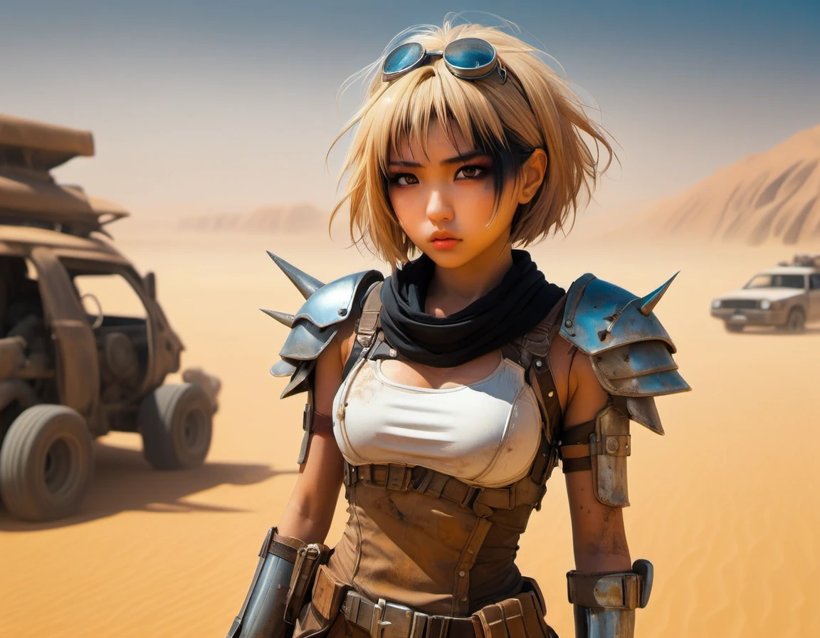 (((masterpiece))) , (((best quality))) , anime style, 2d, well-built charming 1girl, solo, lovely 1girl, RoadWarrior, beautiful gorgeous Nenene Sumiregawa, desert background, high temperatures, warm skin, sweat, grease, dirt, she has Shaved sides hair, key visual, 