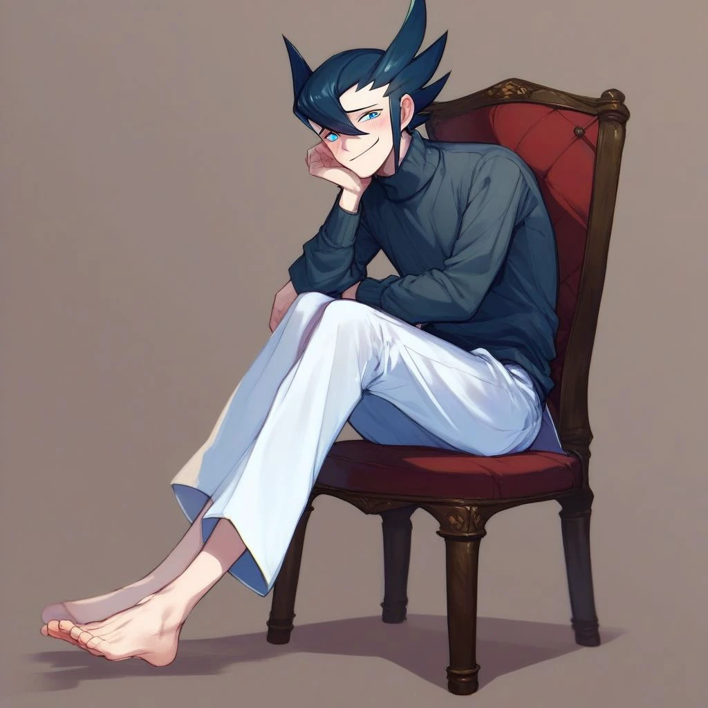 score_9,score_8_up,score_7_up,score_6_up,score_5_up,score_4_up, solo, 1boy, male focus, black hair, blue eyes, hair between eyes, sitting, chair, barefoot, toe, sole, ankle, smile, blush, black shirt, turtleneck, grey cardigan, white pants