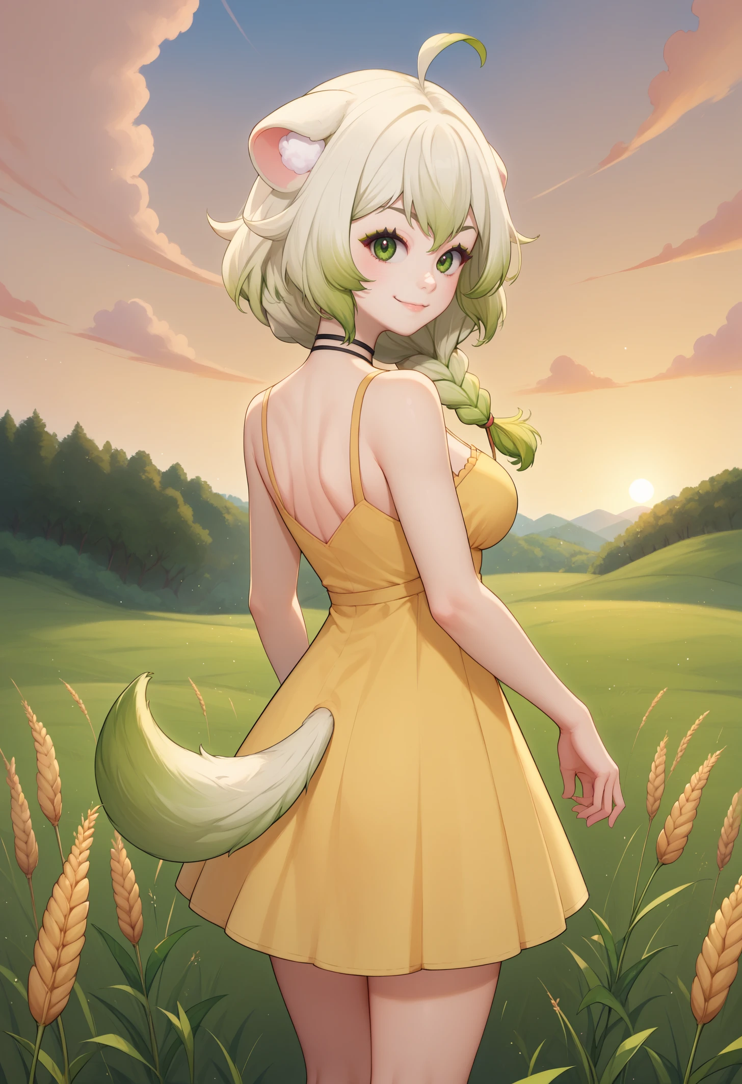 score_9, score_8_up, score_7_up, BREAK 1girl, solo, LaimuVT, green eyes, animal ears, tail, multicolored hair, medium hair, single braid, breasts, <lora:LaimuPDXL_V1-Manityro-CAME:1.0>, outdoors, wheat field, sunset,
looking at viewer, light smile, looking back, from behind,
yellow sundress, choker,