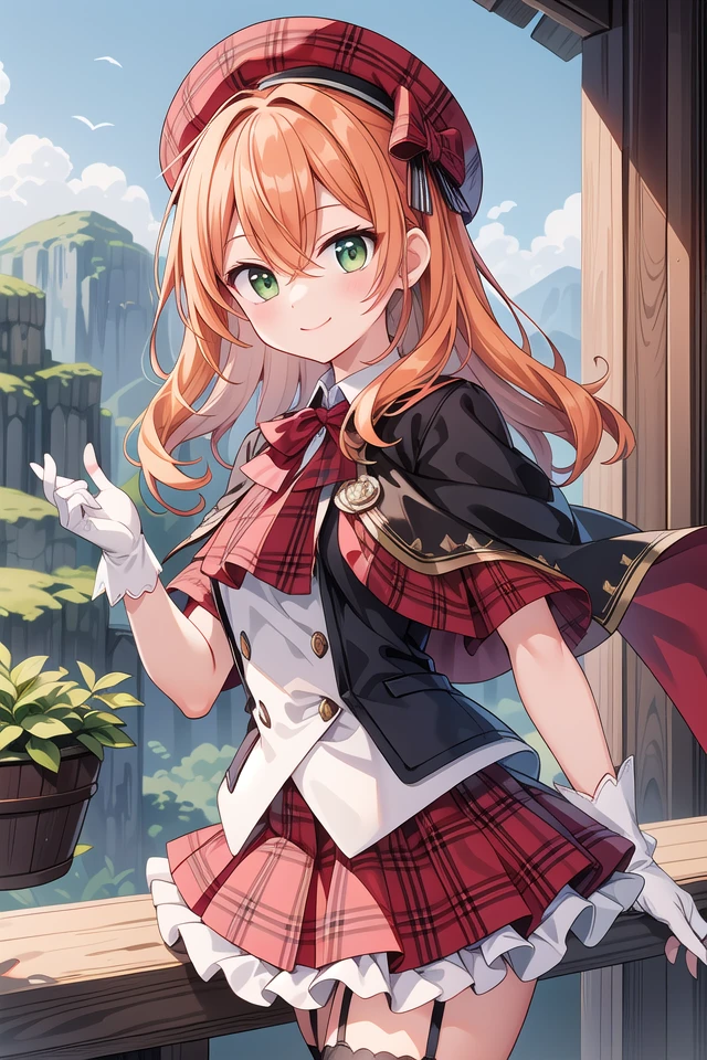 insanely detailed, absurdres, ultra-highres, ultra-detailed, best quality,
1girl, solo, nice hands, perfect hands
BREAK
(nsfw:-1.5),
(gothic drress, Idol costume:1.3), (red and white theme:1.2), (white blouse:1.4), (white collar, tie:1.3), (open short-cape:1.3), (short sleeve:1.2), (red tartan-check pattern (ruffle-skirt, multilayer-skirt):1.4), (white basque-beret with ribbon:1.3), (Fishnet stockings:1.3), (glove:1.2), (cleavage:-1.5)
BREAK
happy smile, laugh, closed mouth,
from below,
cute pose, cowboy shot, looking at viewer
BREAK
slender, kawaii, perfect symmetrical face, ultra cute girl, ultra cute face, ultra detailed eyes, ultra detailed hair, ultra cute, ultra beautiful
BREAK
on hilltop, mountainscape, mountain,
depth of field, ultra detailed background,
(very wide, panorama view, sense of depth, magnificent view:1.3)
BREAK
medium large breasts
BREAK
(orange hair, green eyes), long hair, hair between eyes