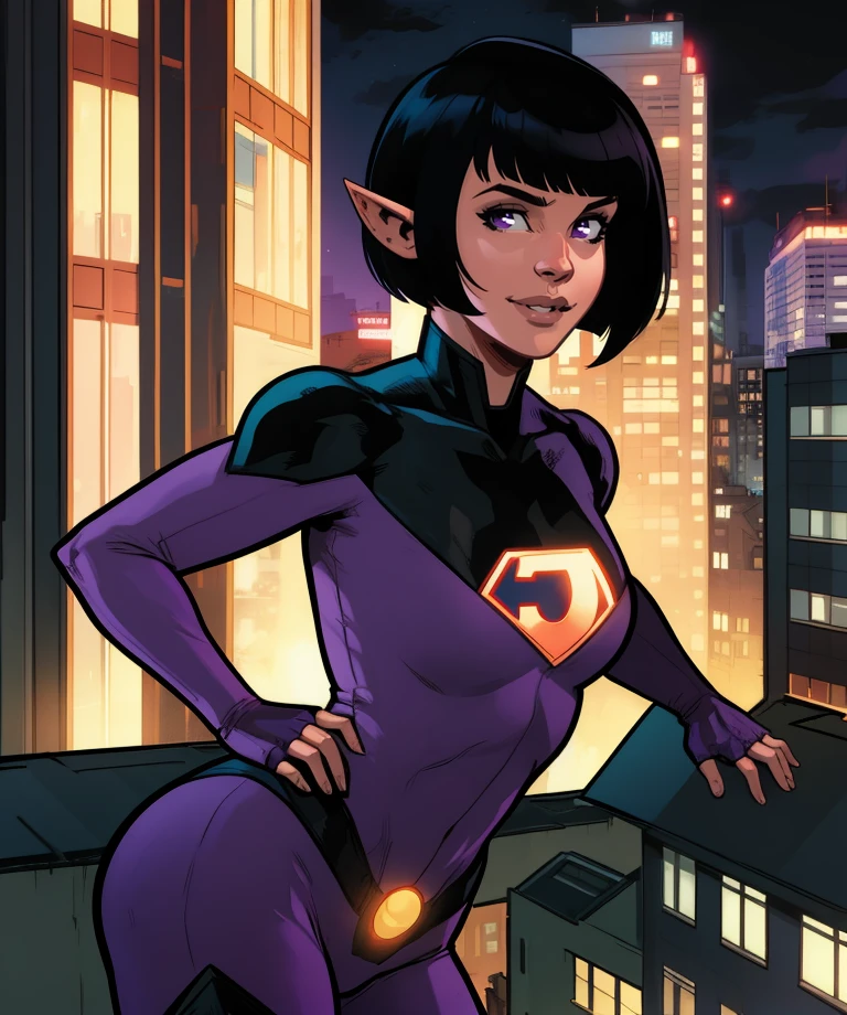 jayna,black hair,blunt bangs,lips,purple eyes,pointy ears,bob cut,
purple bodysuit,fingerless gloves,belt,looking at viewer,
light smile,
cityscape,night,
(insanely detailed, masterpiece, best quality),solo,<lora:jaynaWT:0.9>,