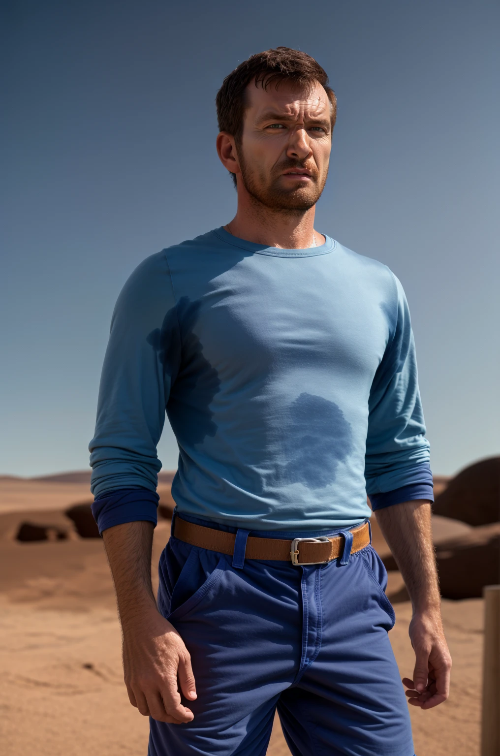 close portrait, front view of Dillon woodworks photo of a man on his shorts wearing a long sleeves dark-blue (shirt with sweat:1.2) standing in a distant planet moon surface alone, s3t on armpit, natural lighting, 4k uhd, dslr, high quality, Fujifilm XT3<lora:Sweaty_shirt_SD15_v6-000040:1.75:lbw=0,0,0,0,0,0,0,0,1,1,1,1,1,1,0,0,0>