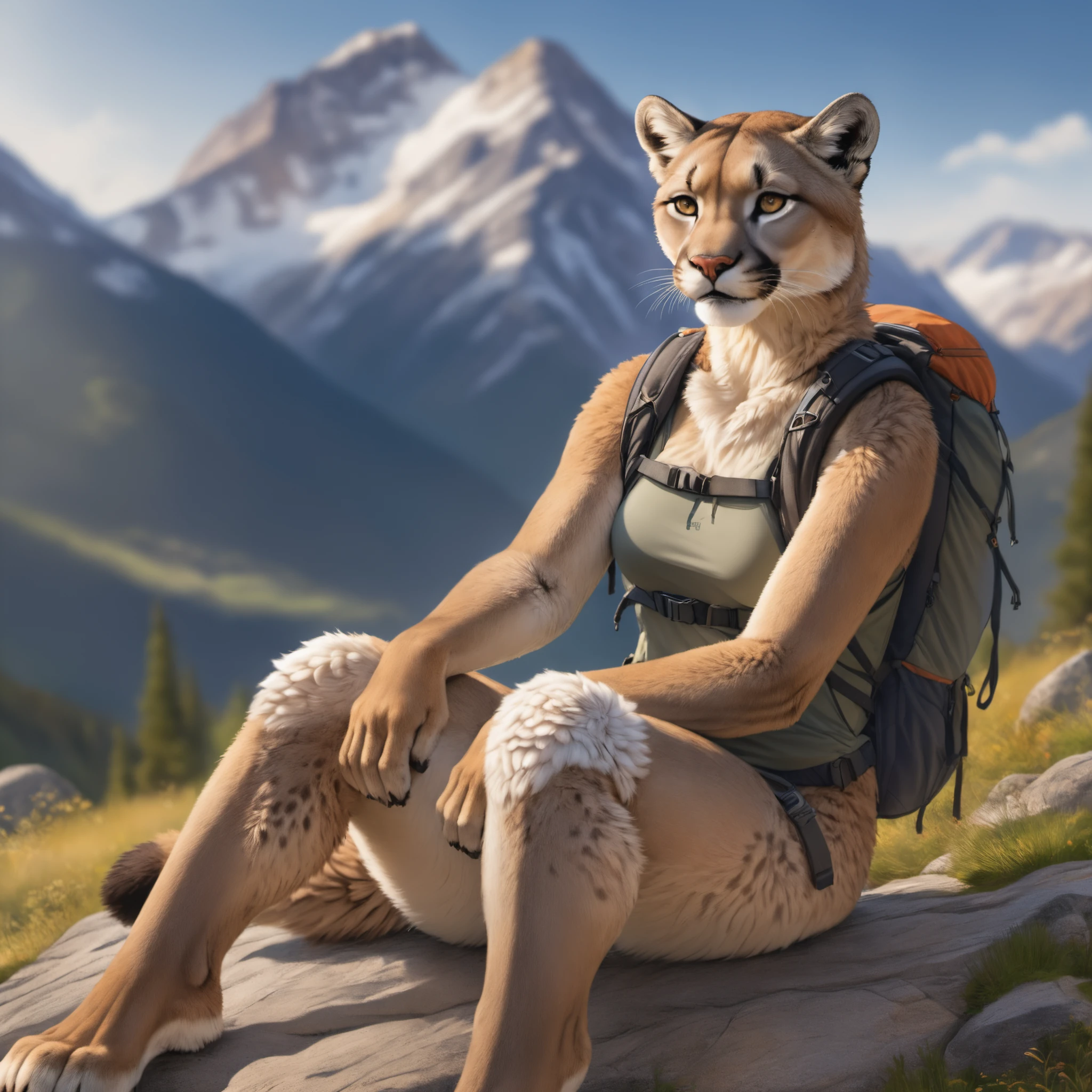 artwork (Highest Quality, 4k, masterpiece, Amazing Details:1.1), (( anthro furry cougar female)),laying near near a mountain top , wearing hiking gear(realistic white fur, detailed fur texture:1.2), ((photorealistic) (RAW Photo)), fangs, smile, sitting, paws, key visual, vibrant, studio anime, highly detailed, natural light, high quality photography, 3 point lighting, flash with softbox, 4k, Canon EOS R3, hdr, smooth, sharp focus, high resolution, award winning photo, 80mm, f2.8, bokeh