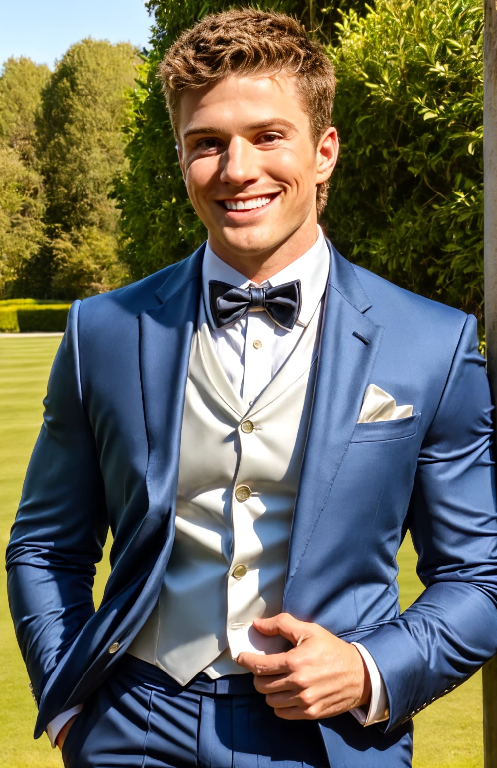 (face focus). (close up shot:0.9), <lora:BulkedUpAIR1.5:0.2>, (masculine:1.2), at outdoor sunny wedding, (wearing designer formal suit:1.3), sexy pose:1.0, confident, handsome, (((masterpiece))), (((best quality))), <lora:more_details:0.5>, (hands on waist), male, athletic, looking at viewer, smile, big pecs:1.2, RyanPhillipeActor, <lora:RyanPhillipeActor (1):1>