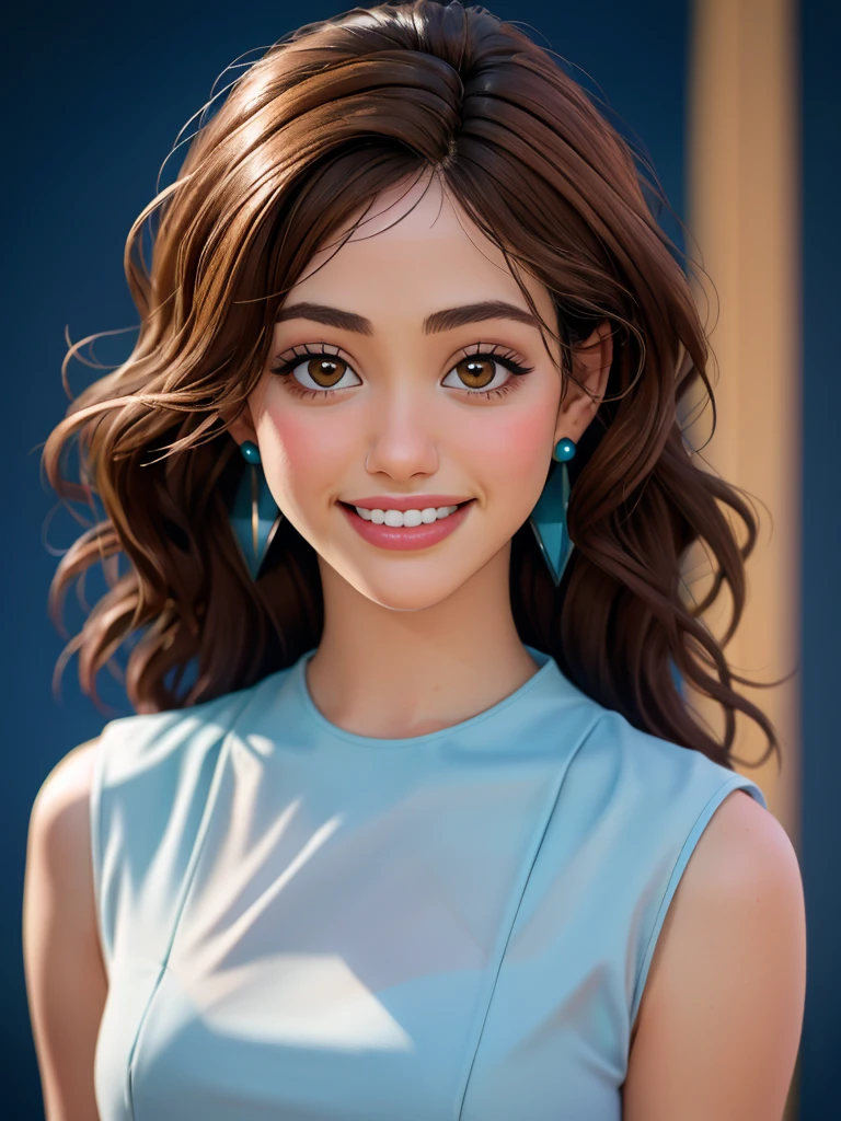 Realistic photo of a beautiful 3mmyr woman,1girl, solo, long hair, looking at viewer, smile, brown hair, brown eyes, jewelry, upper body, earrings, teeth, grin, lips, blue background, realistic, soft lighting, professional Photography, Photorealistic, detailed, RAW, analog, sharp focus, 8k, HD, DSLR, high quality, Fujifilm XT3, film grain, award winning, masterpiece<lora:3mmyr:1.0>