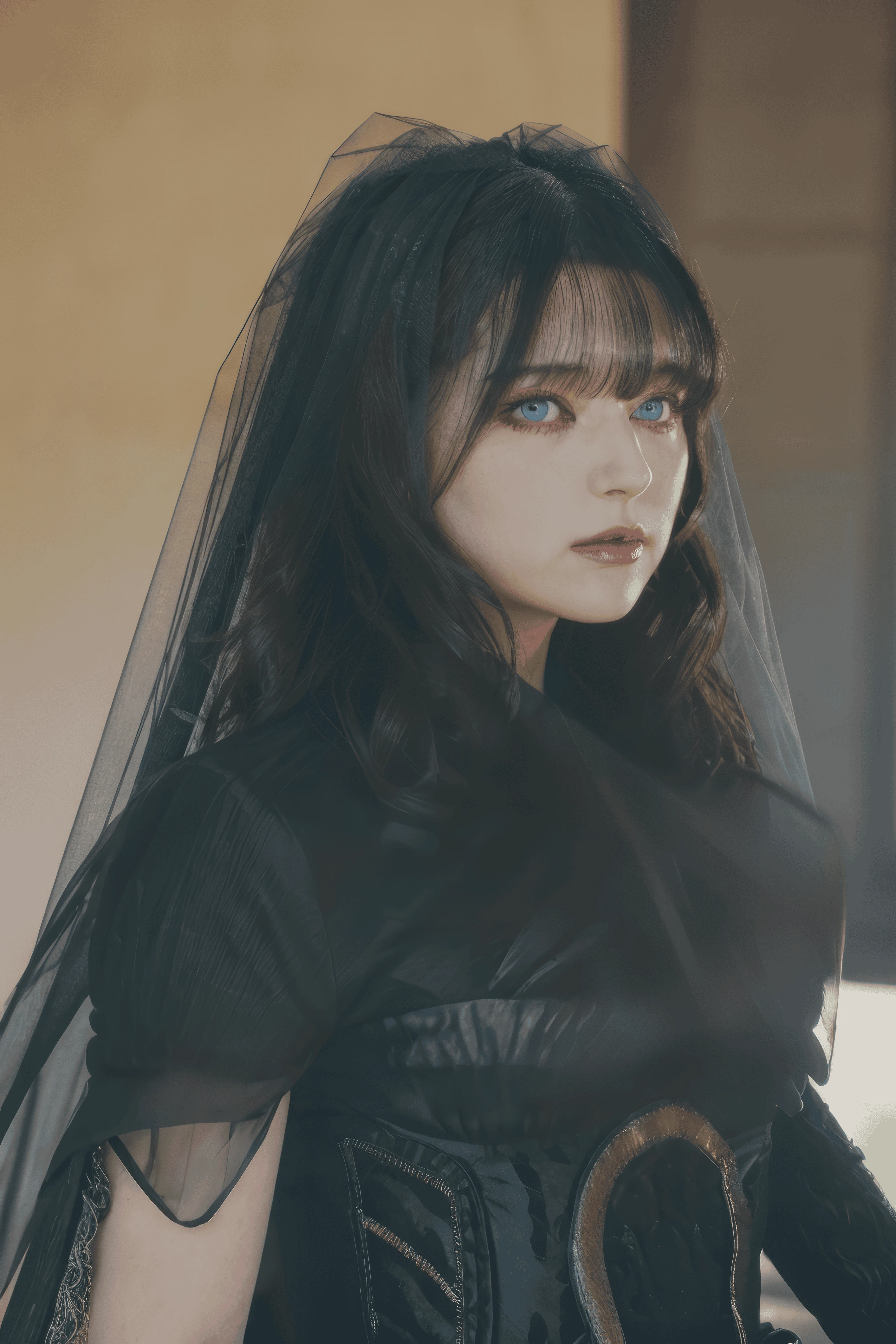 1girl, black veil, solo, black hair, bangs, long hair, portrait, closed mouth, realistic, blue eyes, lips, looking at viewer, blurry, dress, upper body, dark veil, <lora:lachesishd.safetensors:1.0>, lachesis, <lora:Perfect Hands v2.safetensors:1.0>, lachesis face, dark veil, little smile