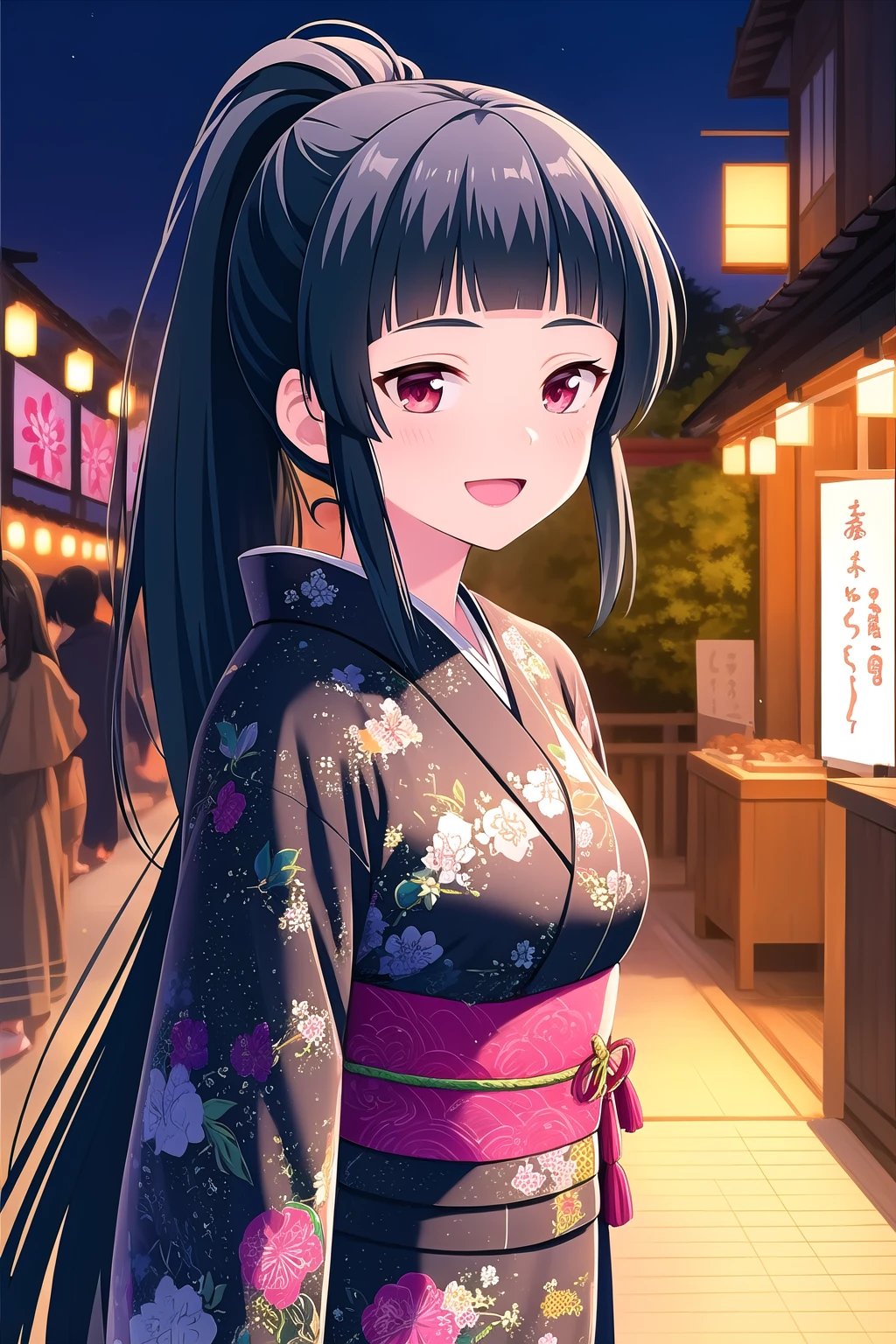 (masterpiece, best quality), highly detailed background, perfect lightingbest quality, kurokawanagiko, solo, outdoors, night, summer festival, dark blue hair, ponytail, blunt bangs, very long hair, red eyes, medium breasts, black kimono, floral print, japanese clothes, smile, open mouth, :d, pink lips, <lora:Kurokawa-Nagiko:0.7>