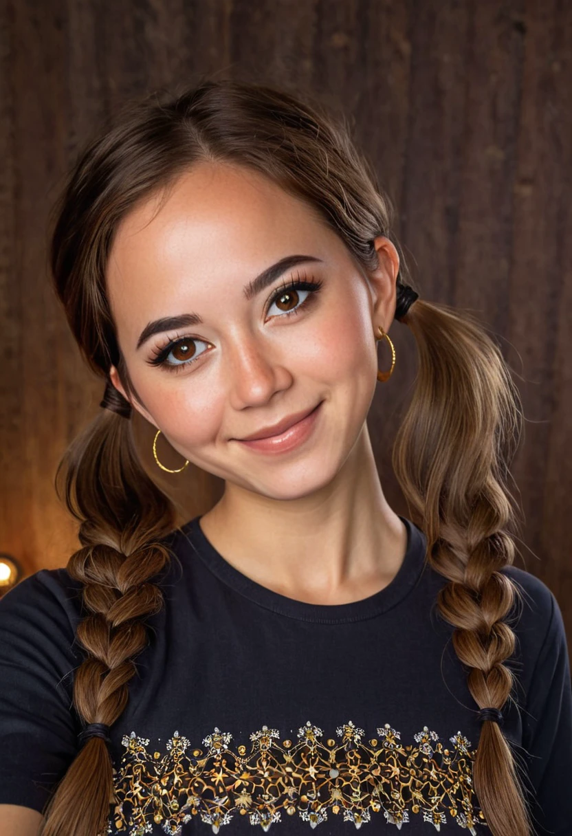 Maya, wearing shirt, brown hair, pigtails, smile, eyeliner, makeup, 8k, very detailed