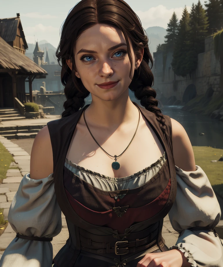 adelina,blue eyes,brown hair,twin braids,
corset,detached sleeves,necklace,
standing,upper body,smile,
outdoors,fantasy,
(insanely detailed, masterpiece, best quality),solo,<lora:adelina:0.8>,