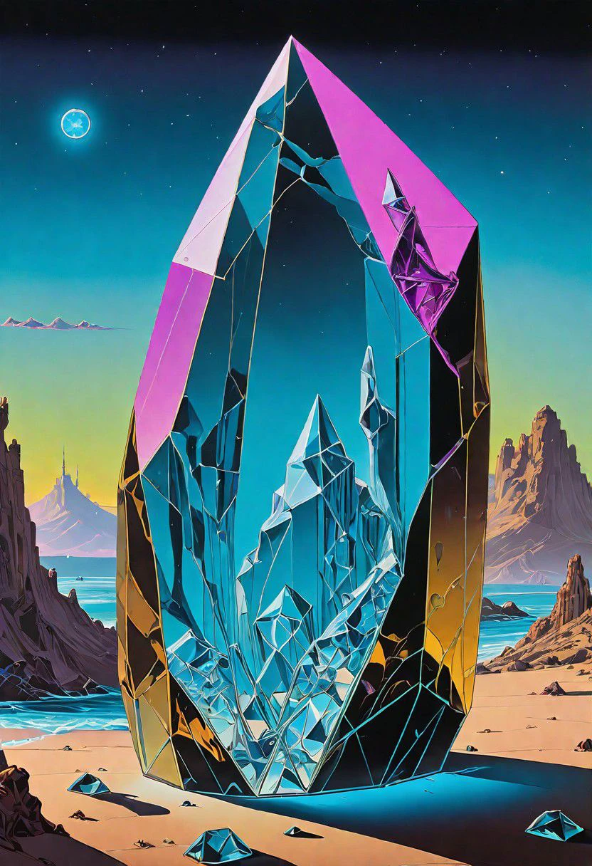 a detailed painting of a neon-transparent ancient crystal by Salvador Dal. smooth, solid, clean brushstrokes, high quality, cosmic eclipse. flowing, beautiful, surreal, unbelievable, prolific, fine detail, uhd 8k