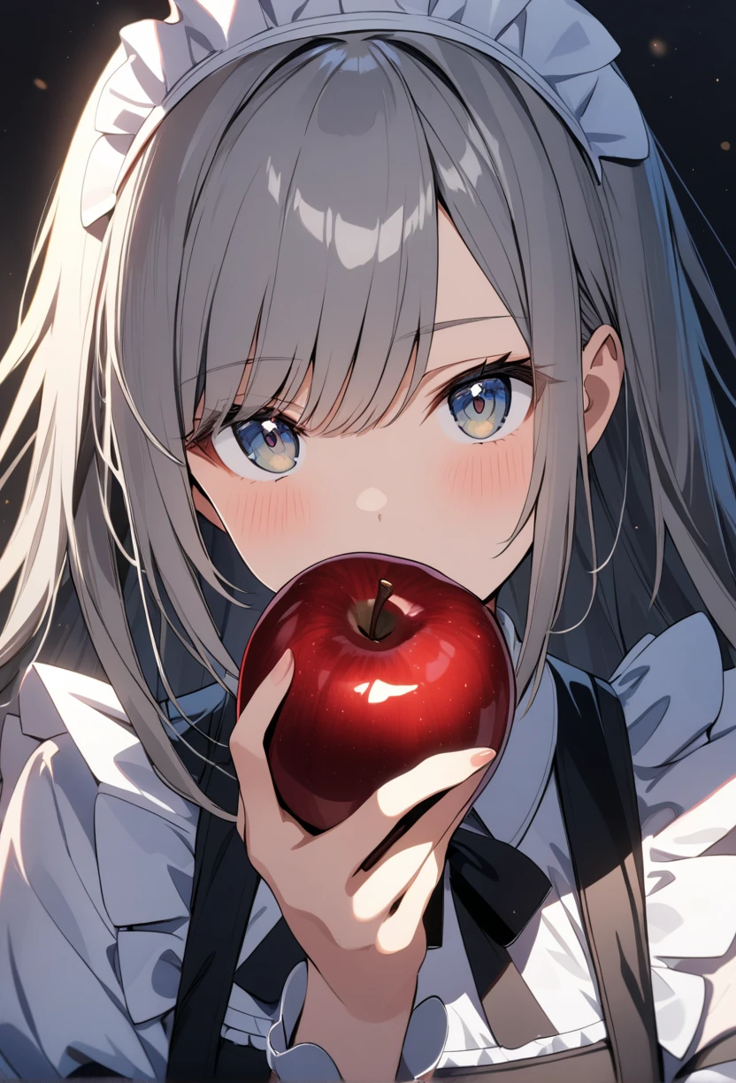 1girl, solo, Grey hair, long hair, maid's outfit, close-up of face, looking at viewer, holding apple in hand,
highly detailed, best quality, absurdres, lighting, detailed, HDR, natural light
