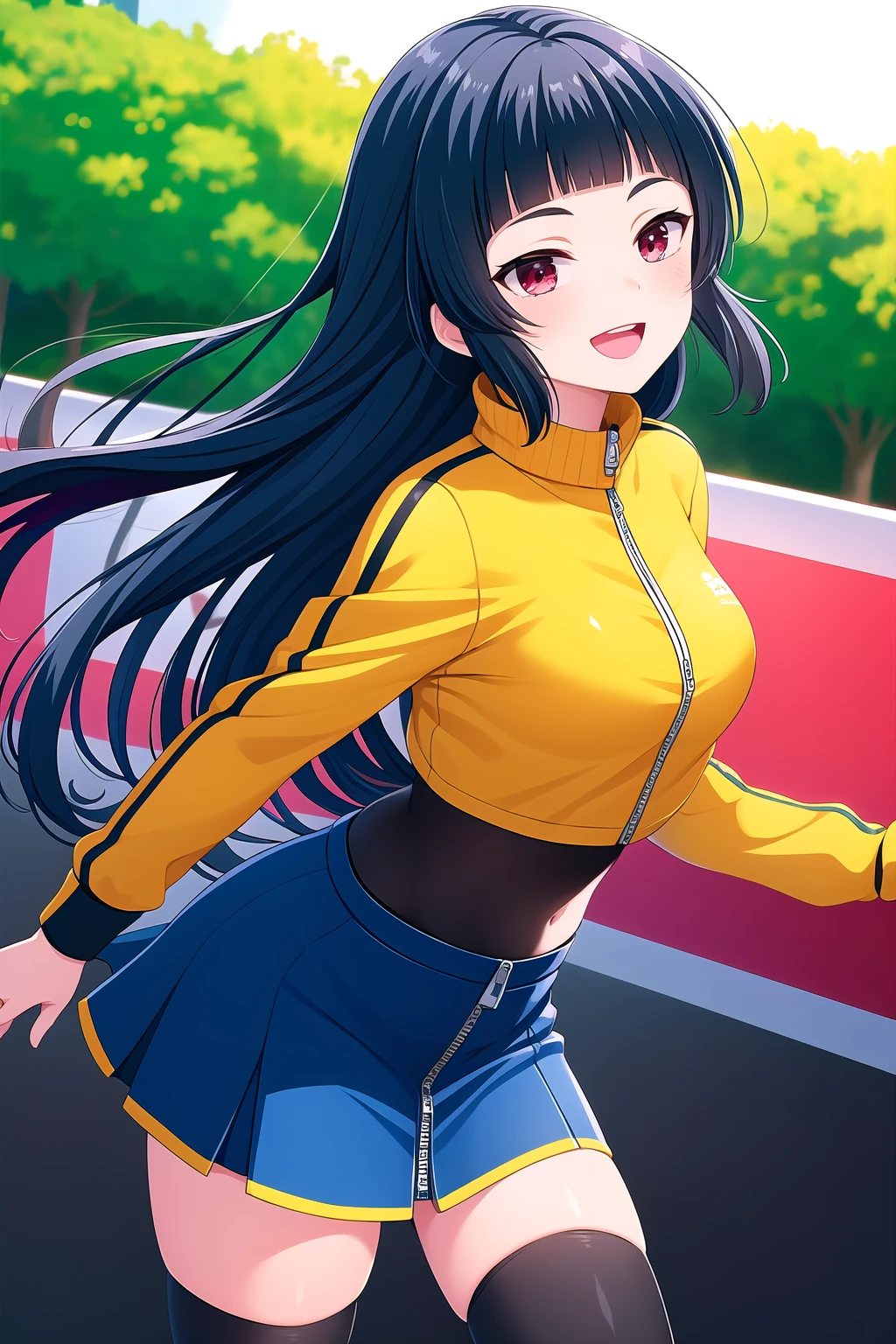 (masterpiece, best quality), highly detailed background, perfect lightingbest quality, kurokawanagiko, solo, outdoors, race queen, dark blue hair, blunt bangs, very long hair, red eyes, medium breasts, yellow jacket, cropped jacket, zipper, crop top, long sleeves, black skirt, miniskirt, white thighhighs, multicolored clothes, smile, open mouth, :d, pink lips, <lora:Kurokawa-Nagiko:0.7>