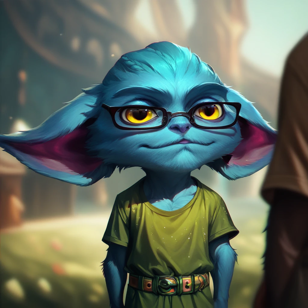 (((beautiful, hyper realistic, high quality))), portrait, score_9, score_8_up, score_7_up, Yordle, short stature, big pointed ears, 1boy, glasses, bright blue fur, yellow eyes, green dress, brown T-shirt, pants with belt, fantasy background, blurred background