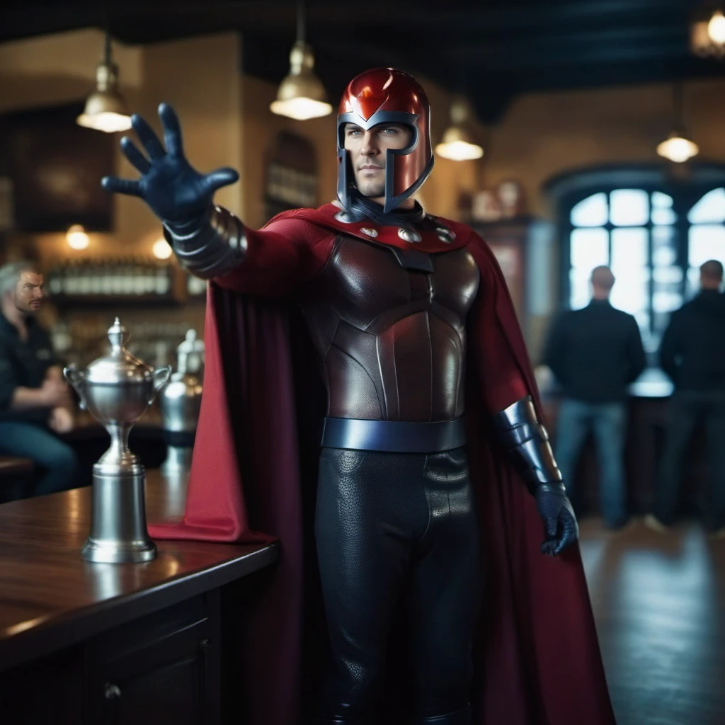 cinematic photo full body man with a helmet and a cape is look intensely, opened hands casting a spell, a metal mug on a counter in a pub <lora:Magneto1024:0.8> . 35mm photograph, film, bokeh, professional, 4k, highly detailed