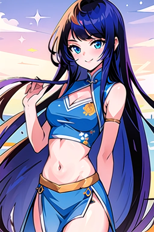 masterpiece, best quality, highres,cowboy shot,xiao_xun'er,small-medium breast,chinese dress,crop top, cleavage,side slit dress,dark blue hair,blue eyes,long hair,smilling,looking at viewer,random pose,  <lora:Xiao_xuner_manga:1>