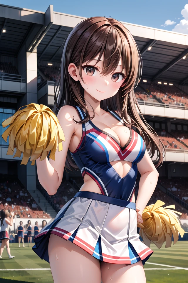 insanely detailed, absurdres, ultra-highres, ultra-detailed, best quality,
1girl, solo, nice hands, perfect hands
BREAK
(cheering, cheerleader girl, holding pom-poms, cheerleader costume, sweat:1.3)
BREAK
happy smile, laugh, closed mouth
BREAK
45 angle,
cowboy shot, looking at viewer,
BREAK
slender, kawaii, perfect symmetrical face, ultra cute girl, ultra cute face, ultra detailed eyes, ultra detailed hair, ultra cute, ultra beautiful
BREAK
(crowds, spectators, audience:1.3),
in school ground, sports festival, day, ultra detailed background,
(very wide, panorama view, sense of depth, magnificent view:1.3)
BREAK
large breasts, cleavage, (navel:-1)
BREAK
(brown hair, brown eyes), long hair, hair between eyes