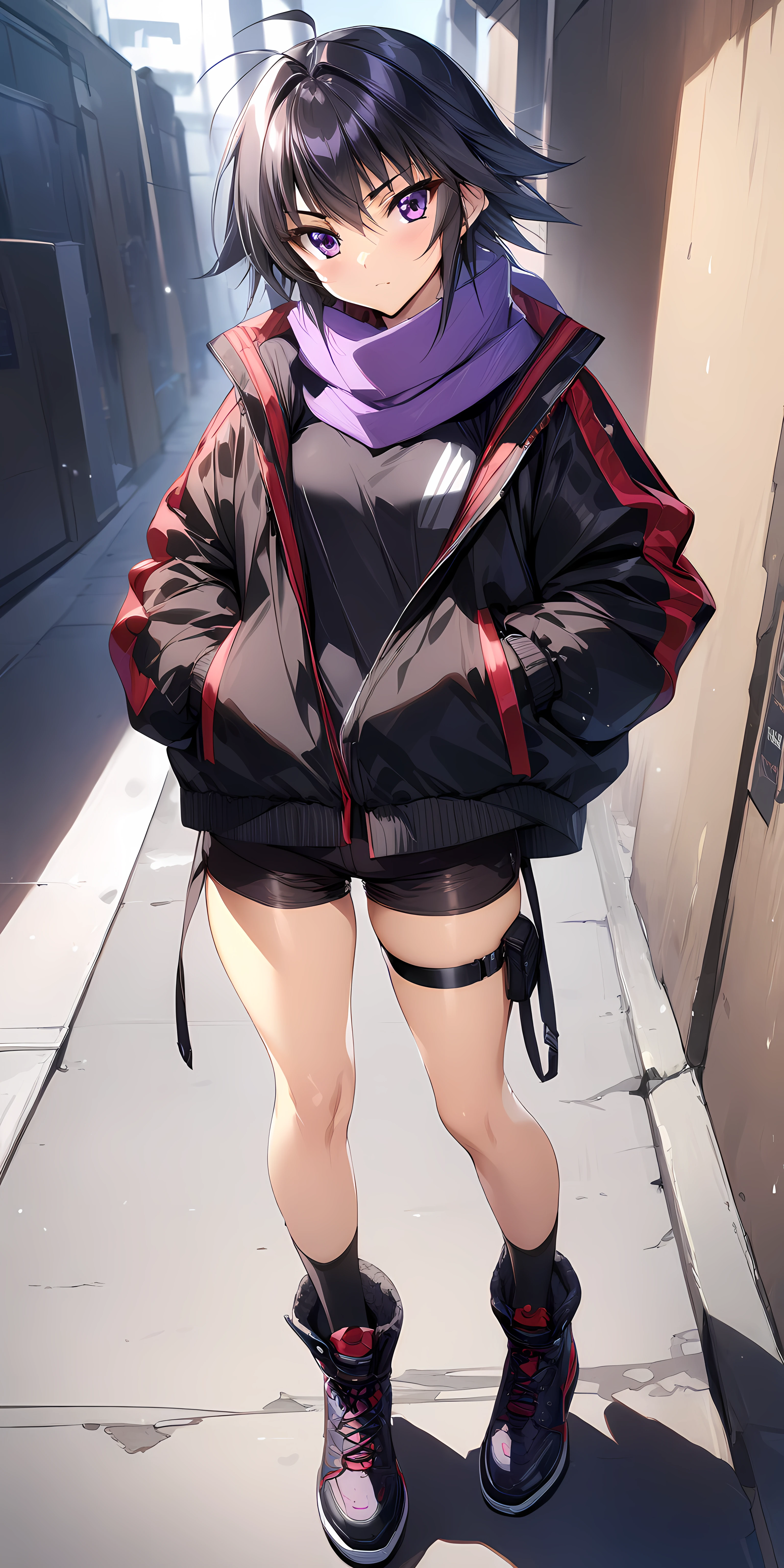 (masterpiece),(best quality),(ultra-detailed),(best illustration),(best shadow),(absurdres),(detailed background),(very aesthetic),  akitsuki_karasu artstyle, ayamine kei, dimensionoutfit, 1girl, solo, shorts, purple eyes, scarf, jacket, hand in pocket, purple scarf, short hair, torn clothes, thigh strap, shoes <lora:Ayamine_Keiå½©å³°_æ§_-_Muv_Luv_Alternativeããã©ã´ãªã«ã¿ãã¤ãã£ã_SDXL_Animagine_XL_3.1:1>