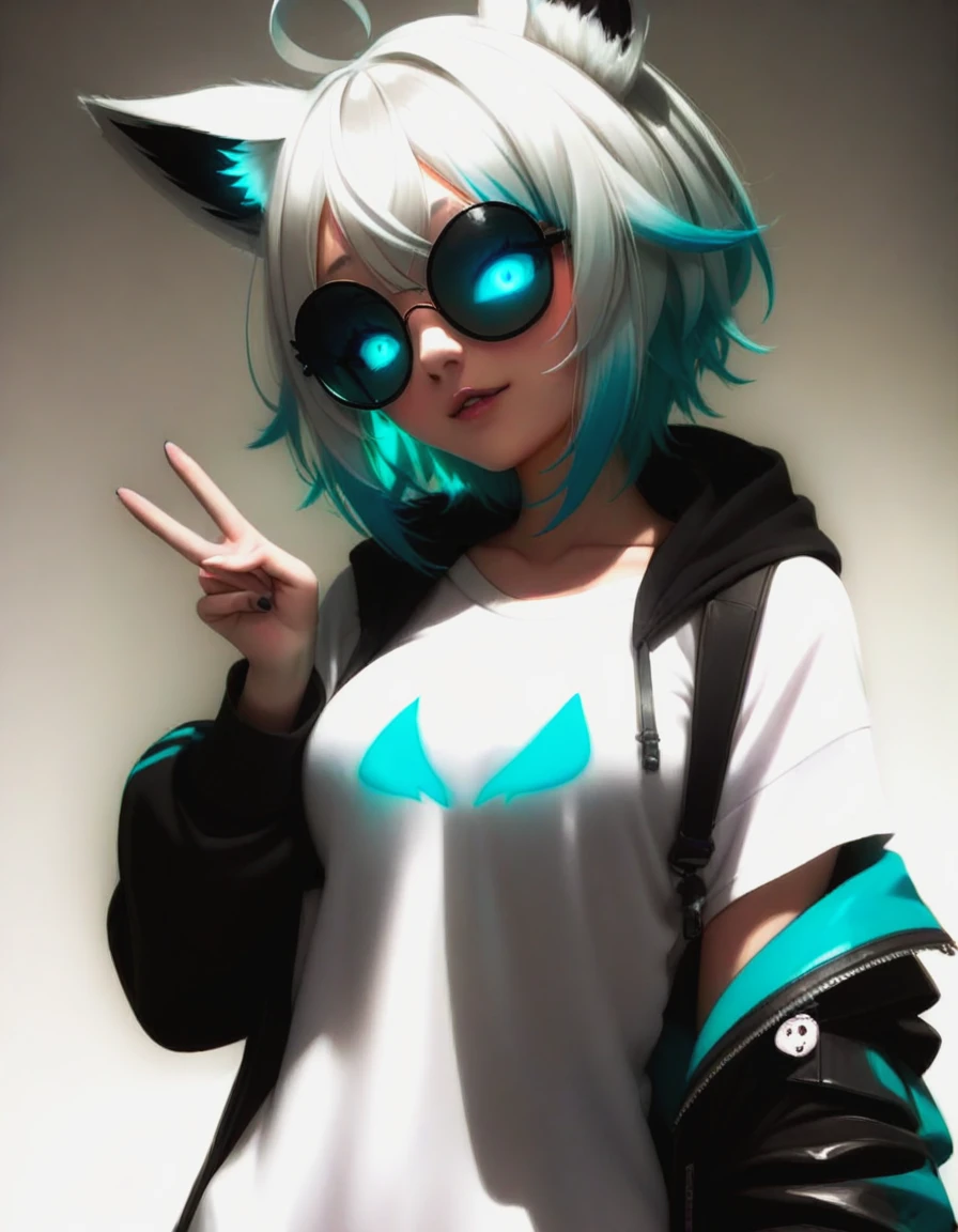 (score_9, score_8_up, score_7_up, perfect eyes),1girl,shirakami_fubuki_hololive,ahoge,animal_ears,aqua_eyes,black_jacket,cosplay,drawstring,fox_ears,fox_girl,fox_shadow_puppet,glowing,glowing_eyes,gojou_satoru_(cosplay),hand_up,hood,hooded_jacket,jacket,looking_at_viewer,official_alternate_costume,round_eyewear,short_hair,short_hair_with_long_locks,solo,sunglasses,tinted_eyewear,virtual_youtuber,white_hair,<lora:shirakami-fubuki-hololive-xl:0.7>,