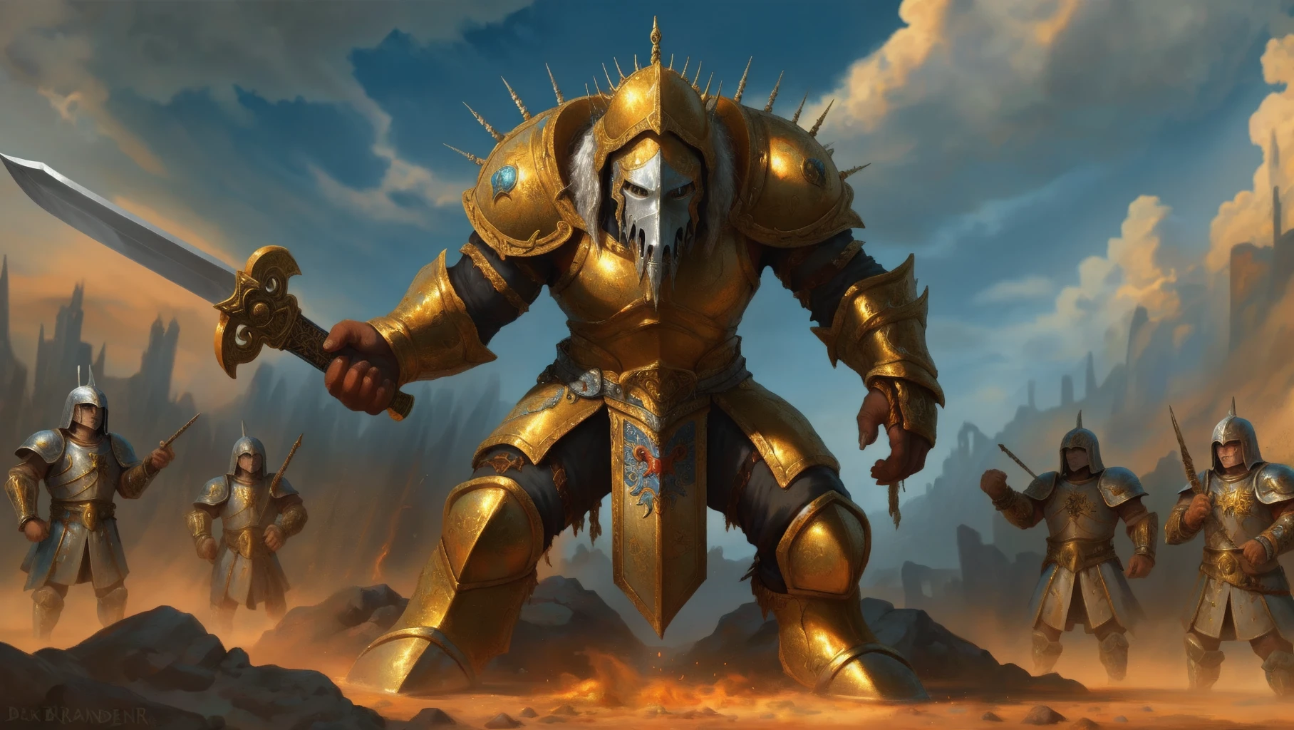 human, paladin, crusader, holy, ornate gold armor, <lora:HeavyMetalized:.4> heavymetalized, extremedetail, painterly <lora:bonheur_resize:1> bonheur holdingsword, hell background, fantasy