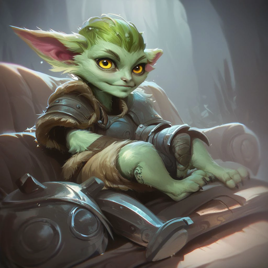 (((beautiful, hyper realistic, high quality))), score_9, score_8_up, score_7_up, realistic, portrait, Sitting on the couch,
Yordle, short stature, big pointed ears, 1boy, Green fur, yellow eyes, black tattoo runes, Viking armor, 
looking at the viewer, winter forest background